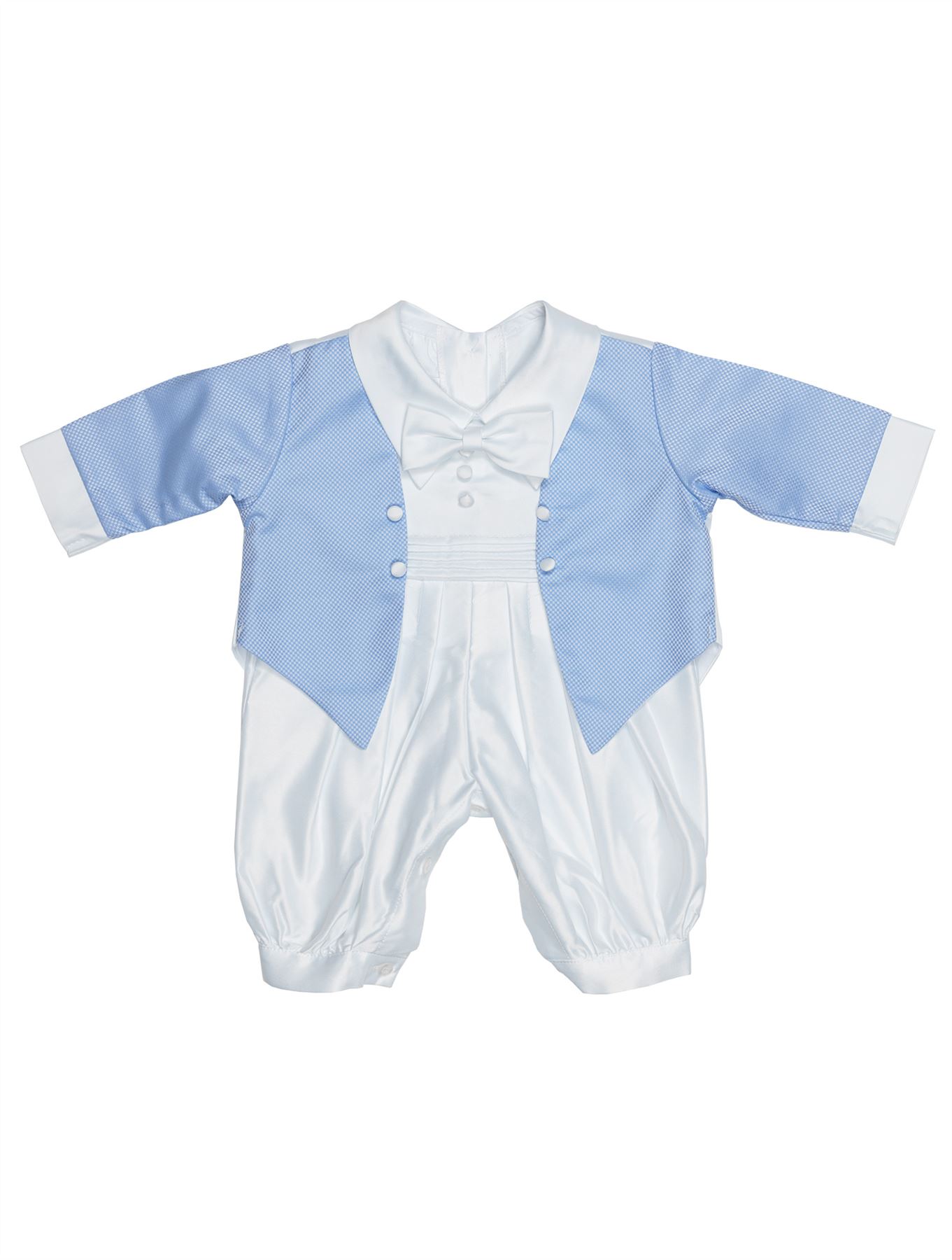 Baby Boys Christening Outfit, White Romper Suit, White & Blue baby