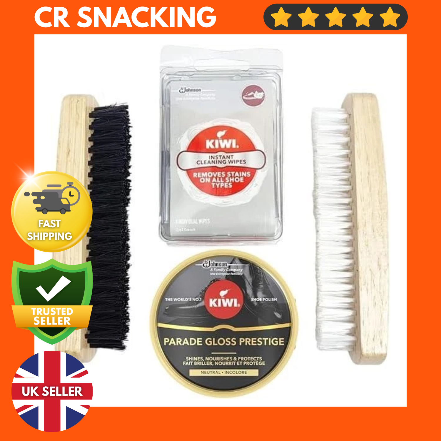 CRSN Set Kiwi Shoe Polish Black 50ml w/ Pack of 2 Shoe Polish Brush/4 Kiwi Wipes - Picture 1 of 9