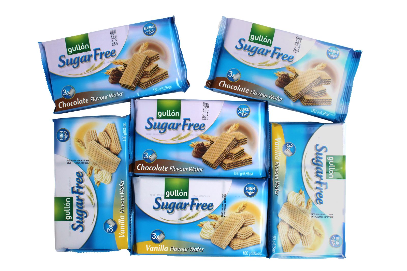 Gullon Sugar Free Wafers 6 x 180g – 3 x Vanilla and 3 x chocolate wafers 