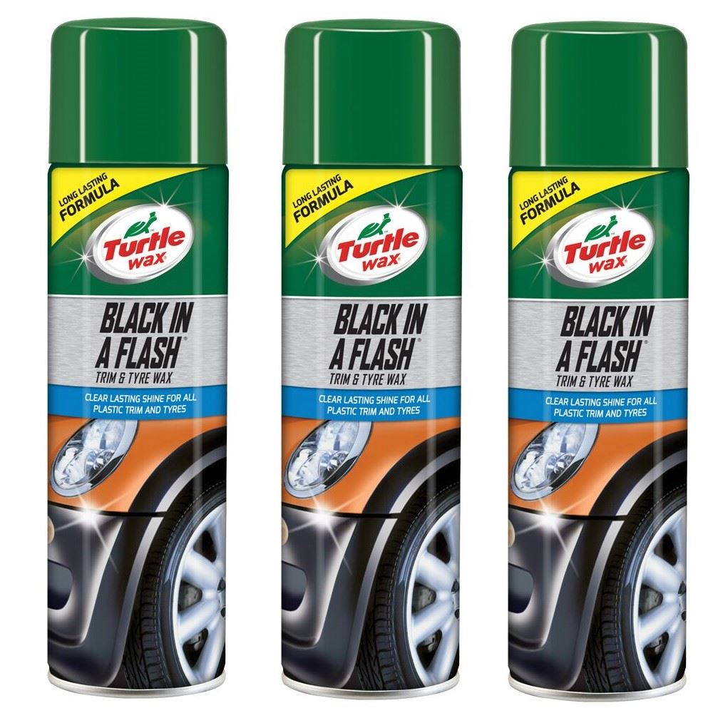Turtle Wax Black In A Flash – Trattamento 3 In 1 Per Plastiche Esterne E Pneumatici, 3 Bottiglie Da 500 Ml, Facile Applicazione
