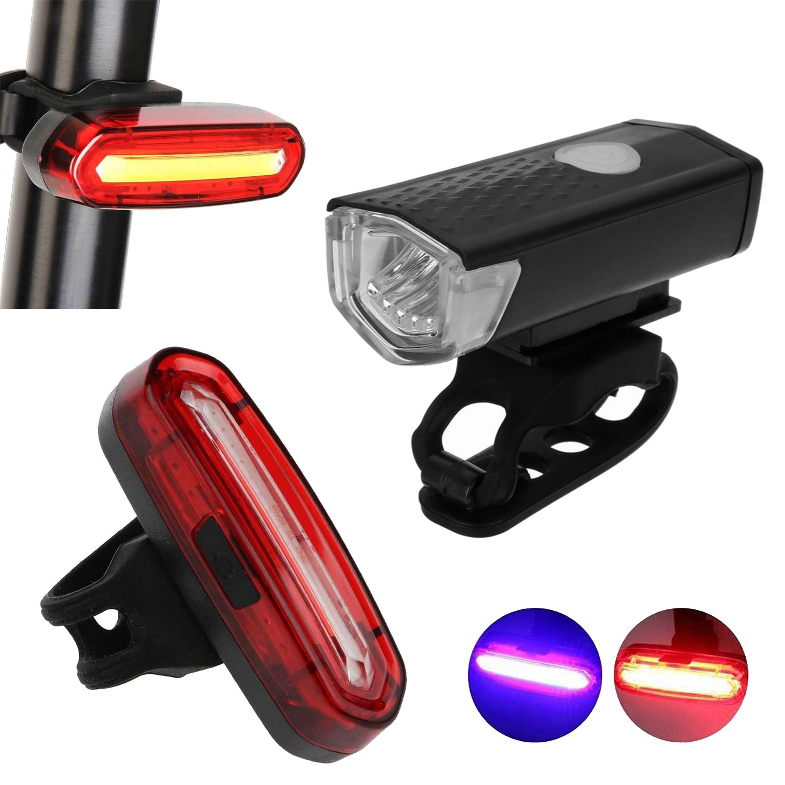 USB Rechargeable LED Bright Bike Front Headlight and Rear Tail Light Set