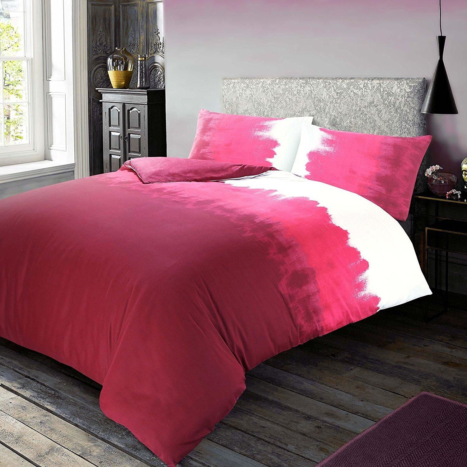 Pink Watercolour Striped and Spots Double Duvet Quilt Cover Bed Set
