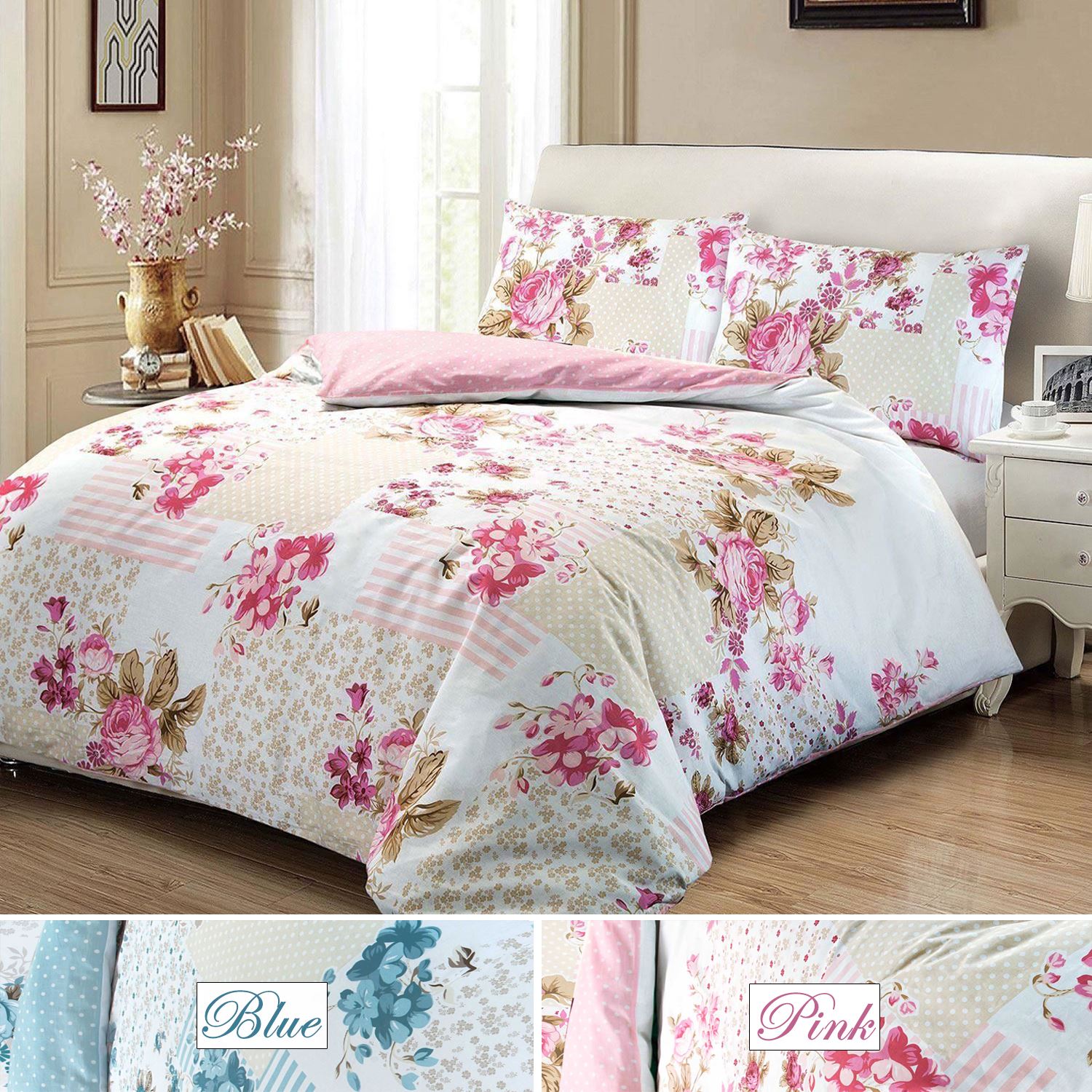 Rose Floral Patchwork Quilt Cover Set Single Double Bedding Bed Linen Blue Pink Ebay