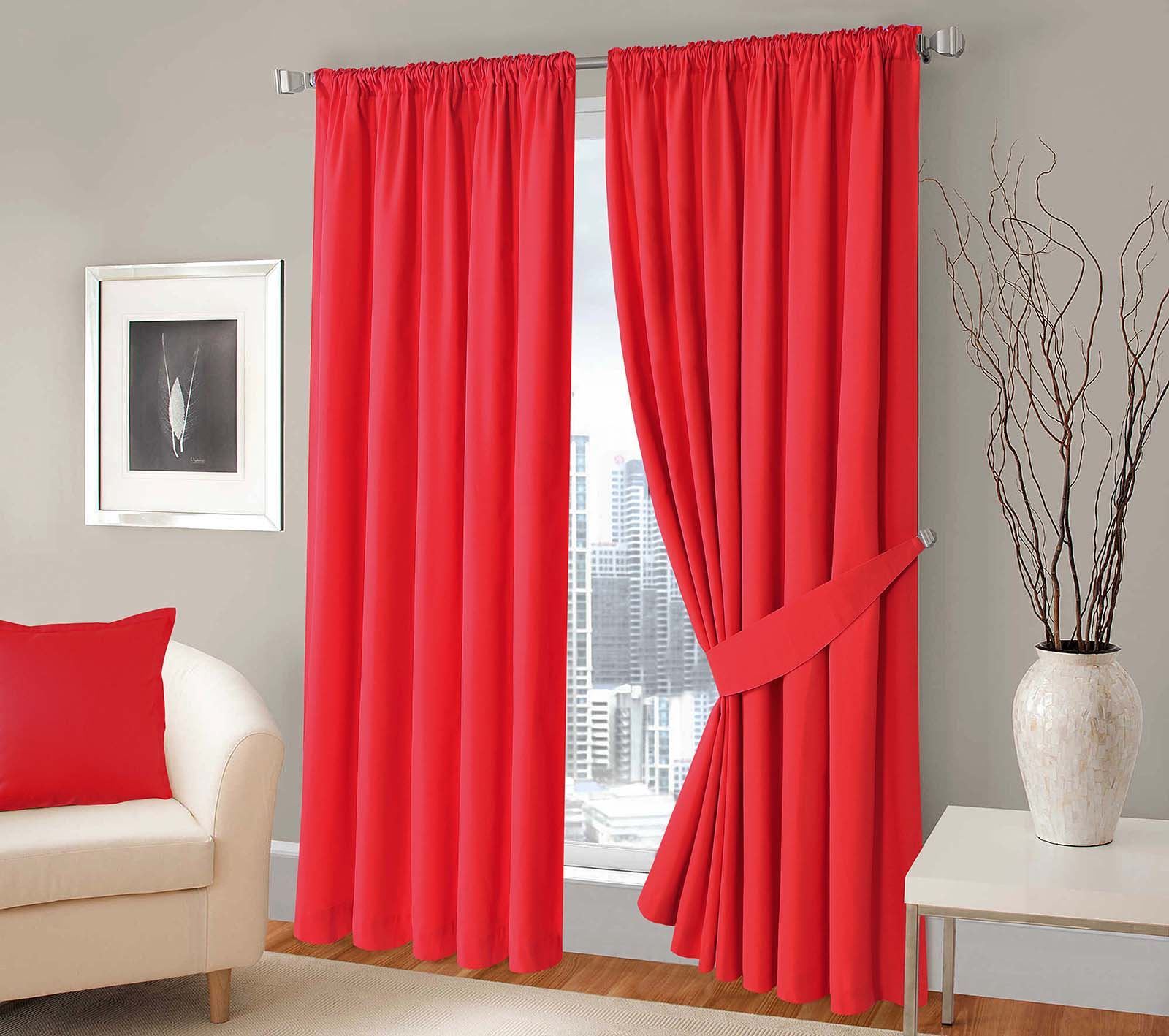 Luxury Panama Ready Made Pencil Pleated Curtains Pair Solid Red