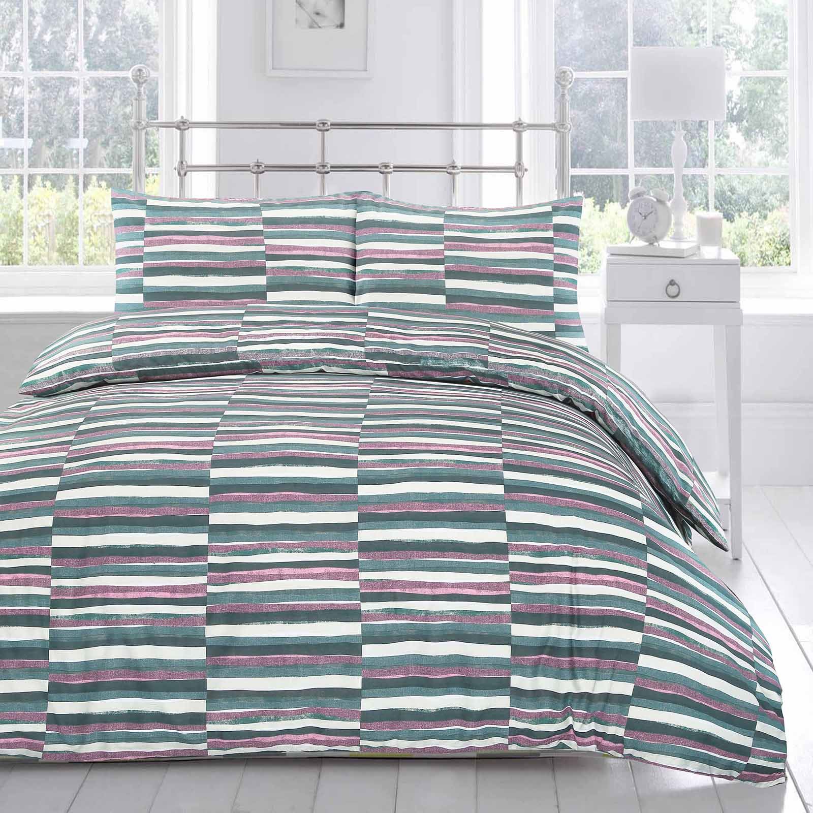 Grey Blue Pink Cotton Blend Soft Stripe Quilt Duvet Cover Bedding