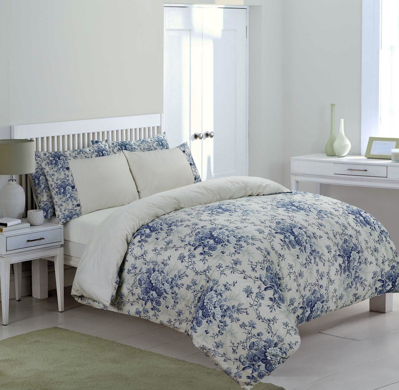 Blue Toile Floral Luxurious 100 Cotton Quilt Duvet Cover Bed Sets