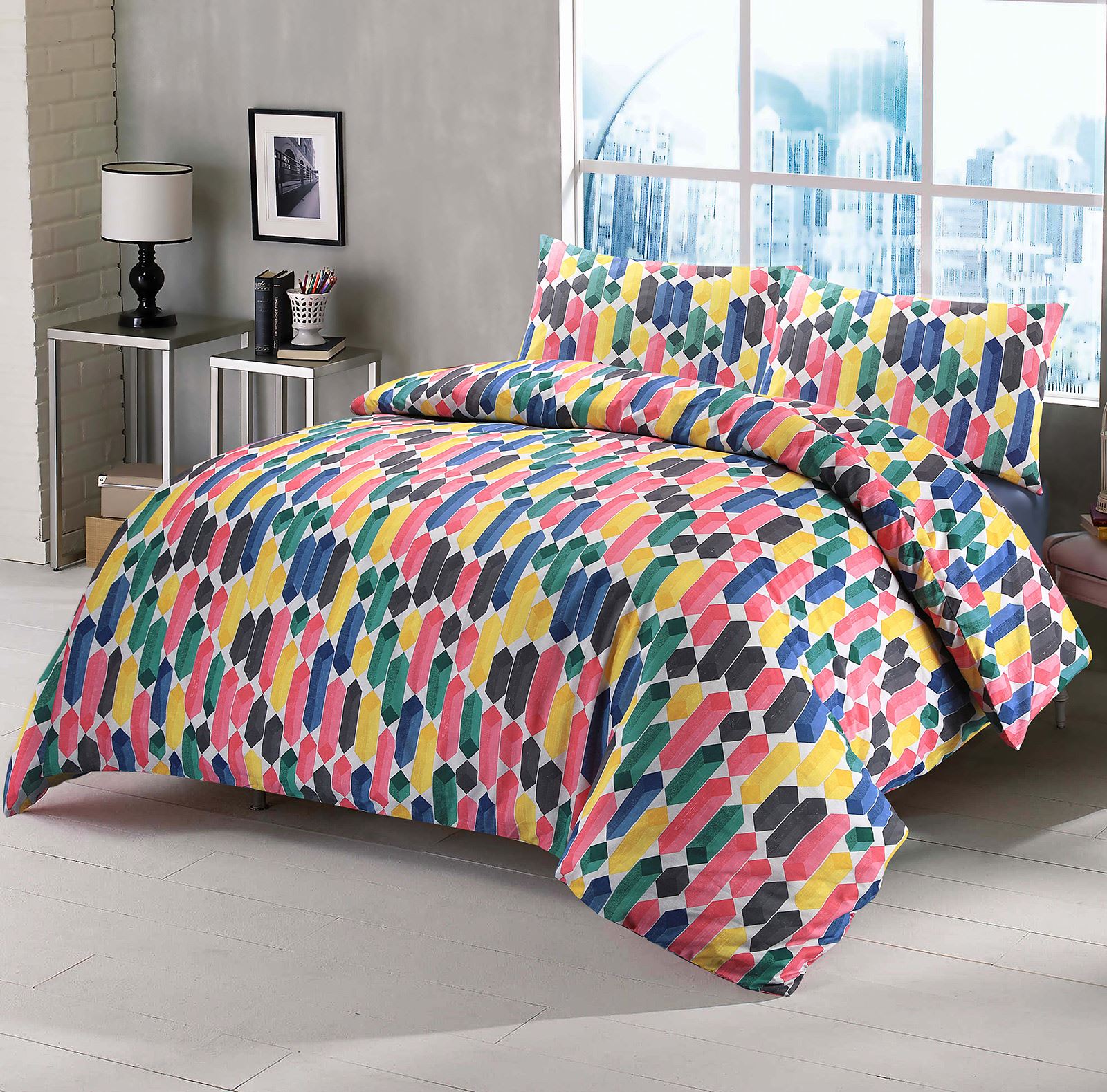 Geometric Stripe MultiColour Cotton Blend Duvet Quilt Cover Bedding