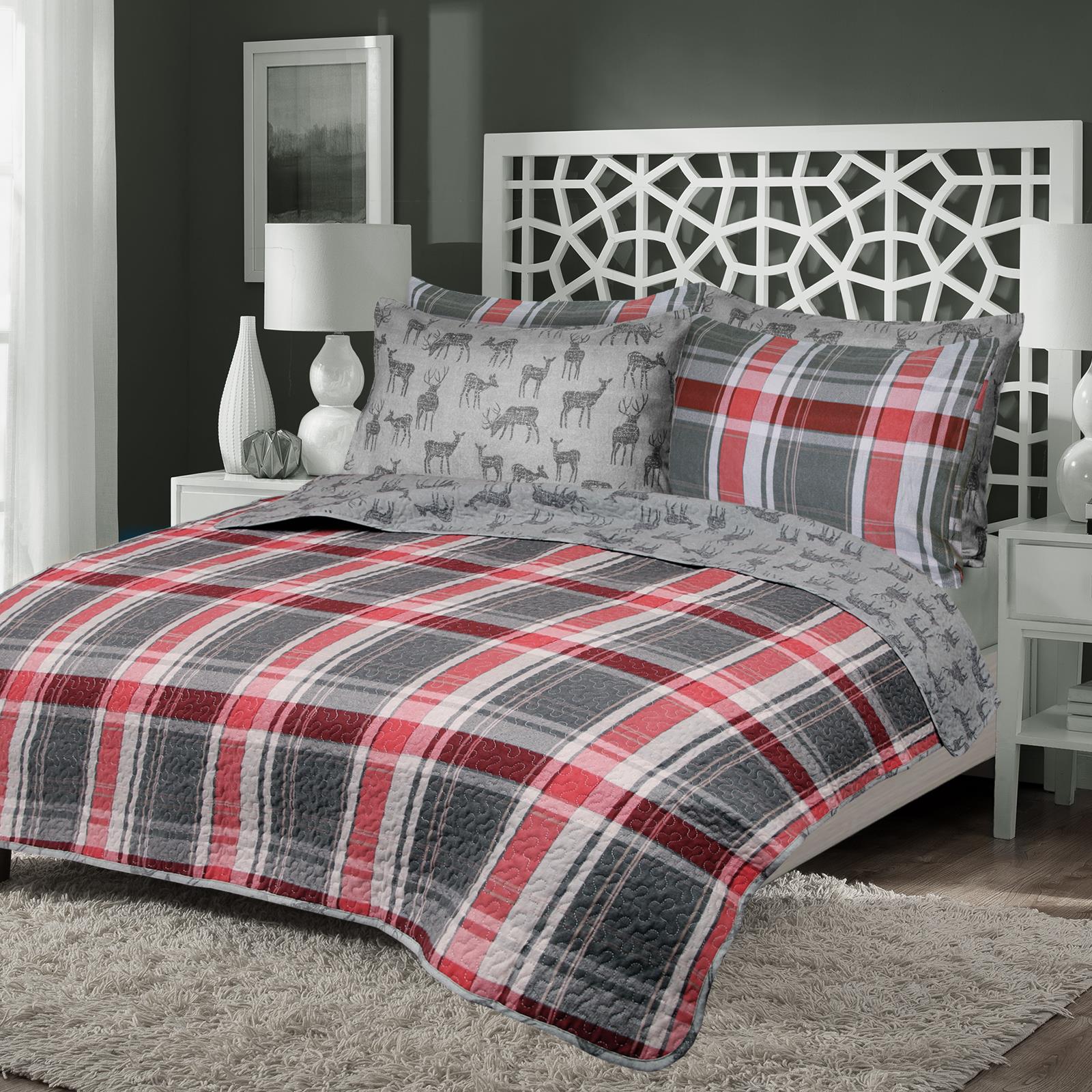 Stag Tartan Check Flannelette Quilt Duvet Cover Set Quilted Bedspread Blue Grey eBay