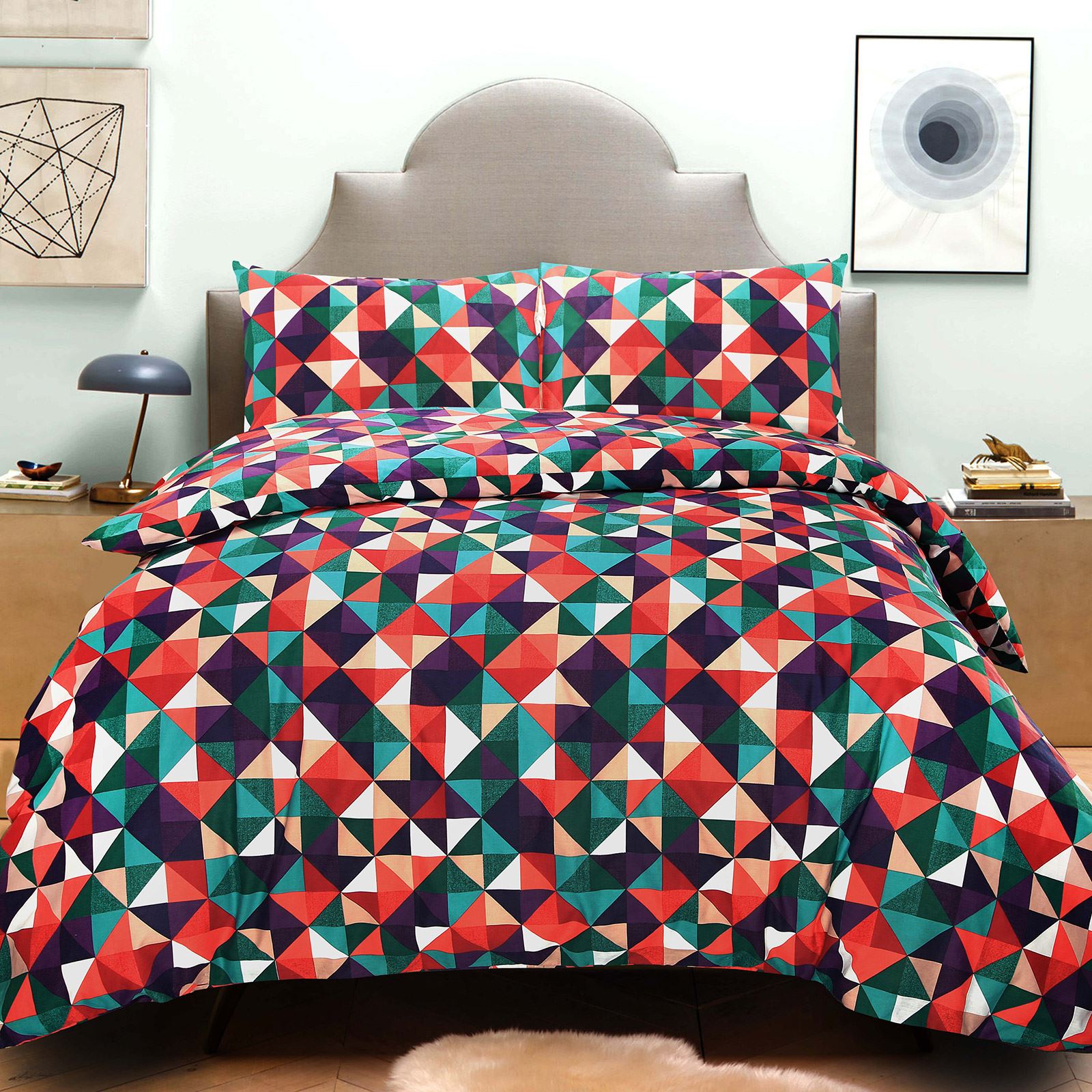 Geometric Shapes Duvet Cover With Pillowcase Bedding Set Diamond Multi