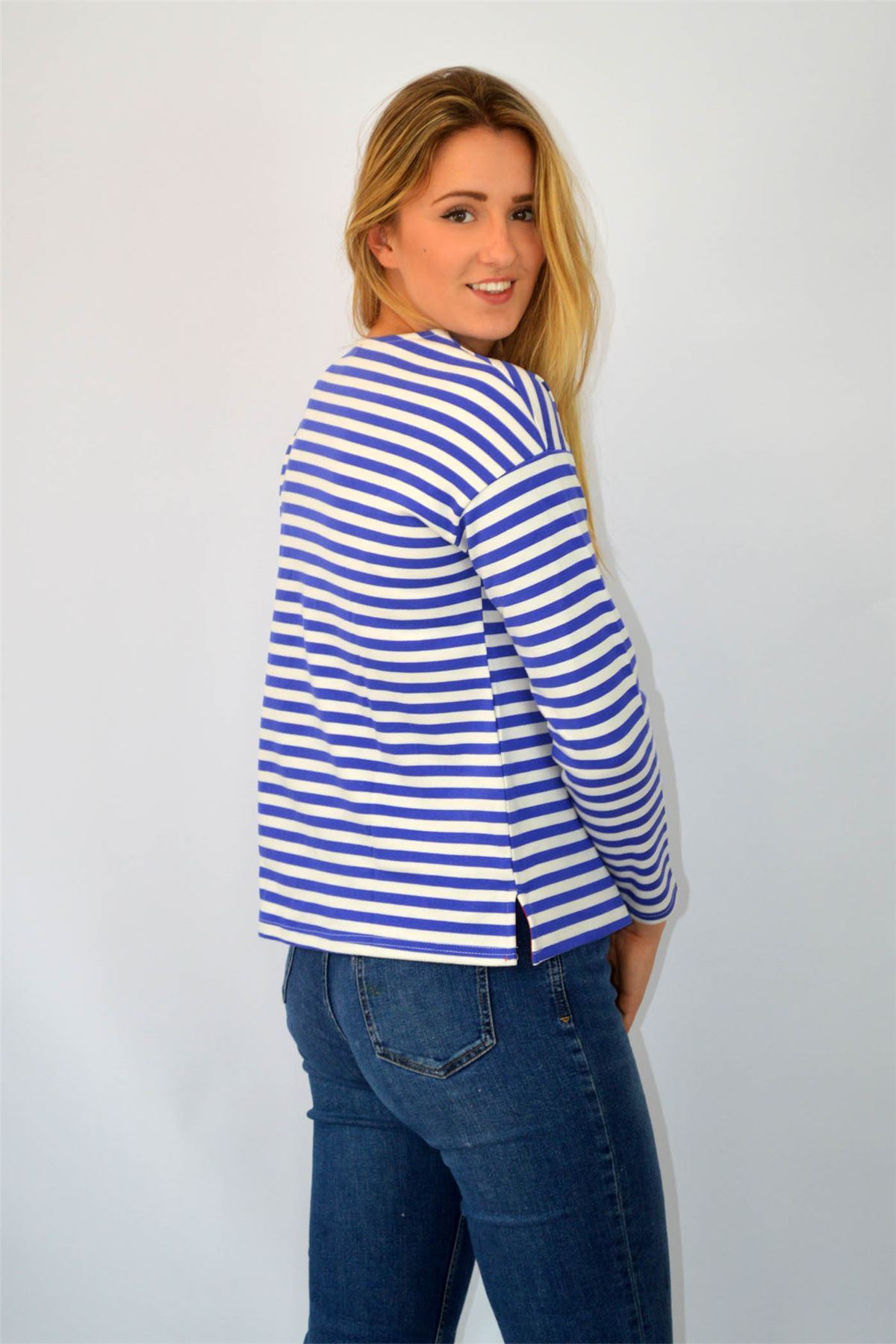 Breton Stripe Boat Neck Sweatshirt Tee Long Sleeve Top Pink Navy Blue