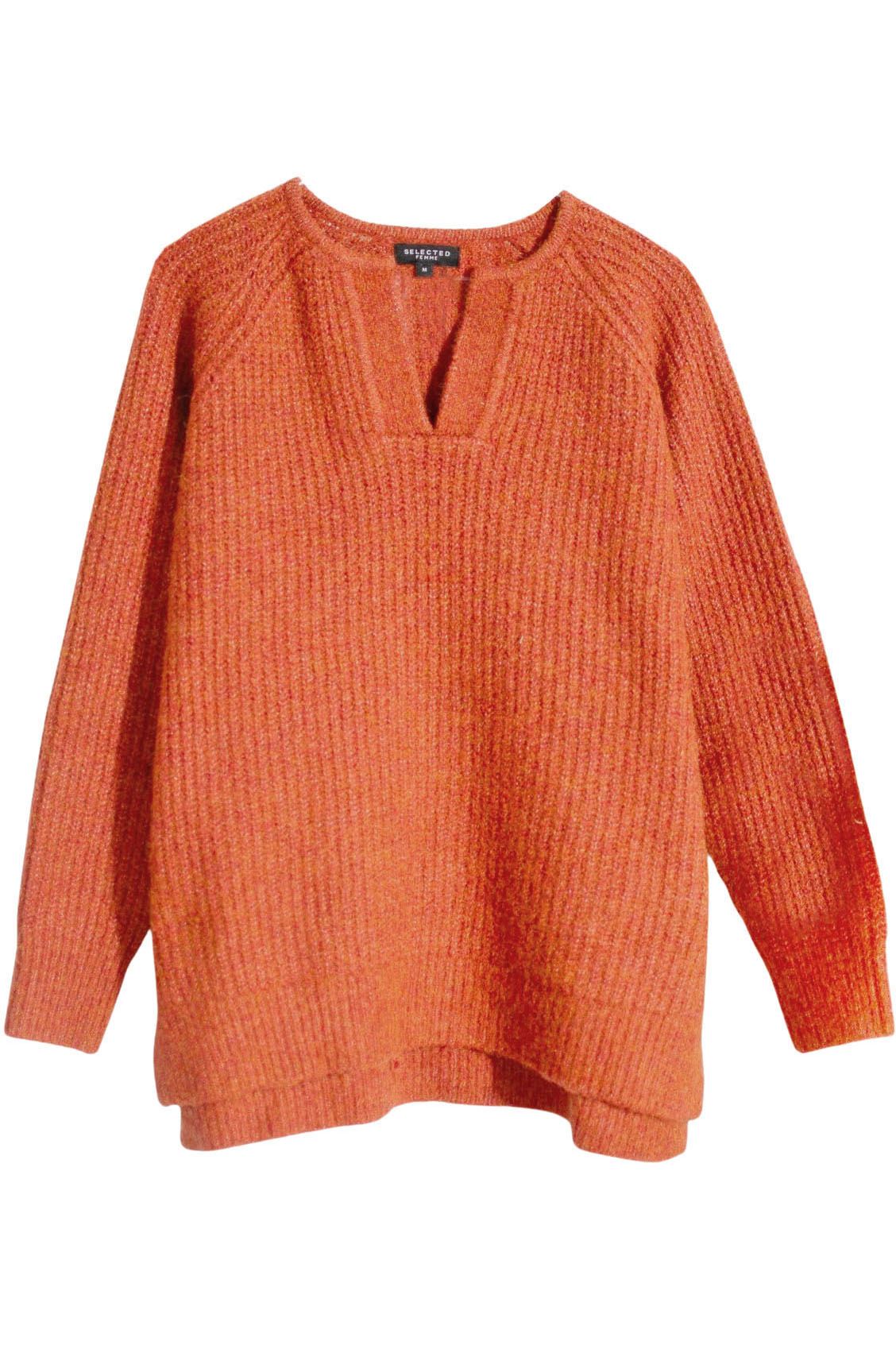 Selected Femme Wool Blend Jumper Round Notch Neck Ribbed Knit Side Splits
