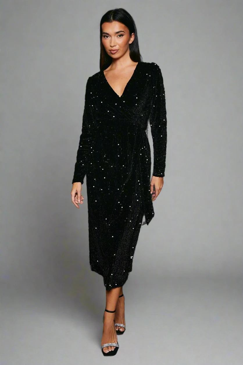 Dorothy Perkins Velvet Sequin Wrap Midi Dress Party Dress - Picture 3 of 15