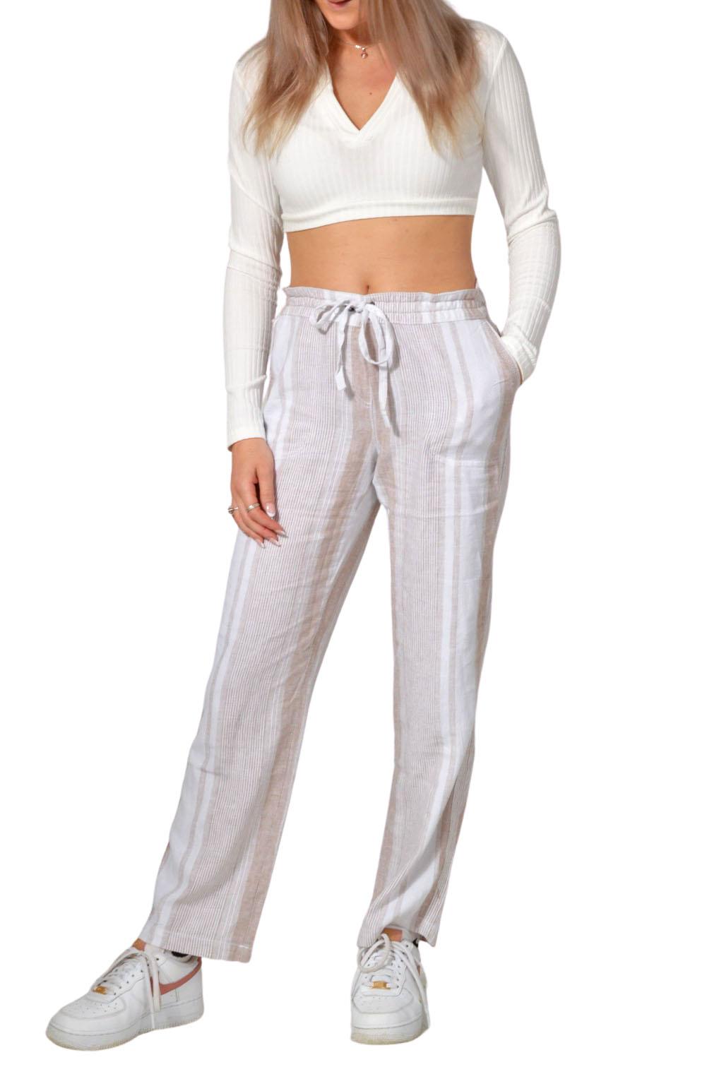 M&S Plus Size Linen Trousers Striped Pull On Elasticated Waist Full Length eBay