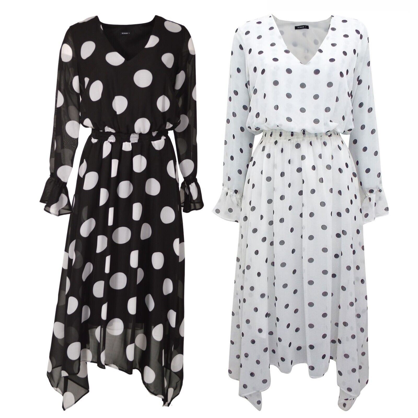 ROMAN ORIGINALS Black White Spot Dress Polka Dot Chiffon Floaty Puff Sleeve  | eBay