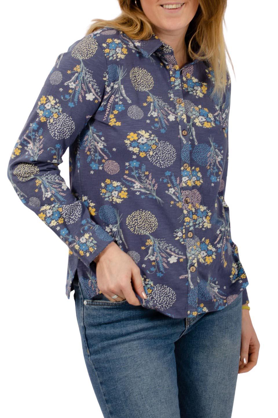 Mistral Womens Jersey Shirt Owl or Floral Print Button Front Long