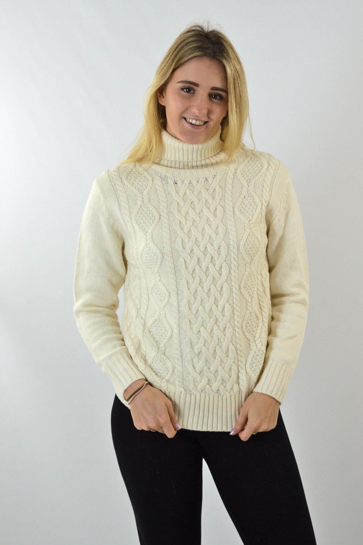 YESSICA Womens Chunky Cable Knit Sweater Polo Neck Jumper | eBay
