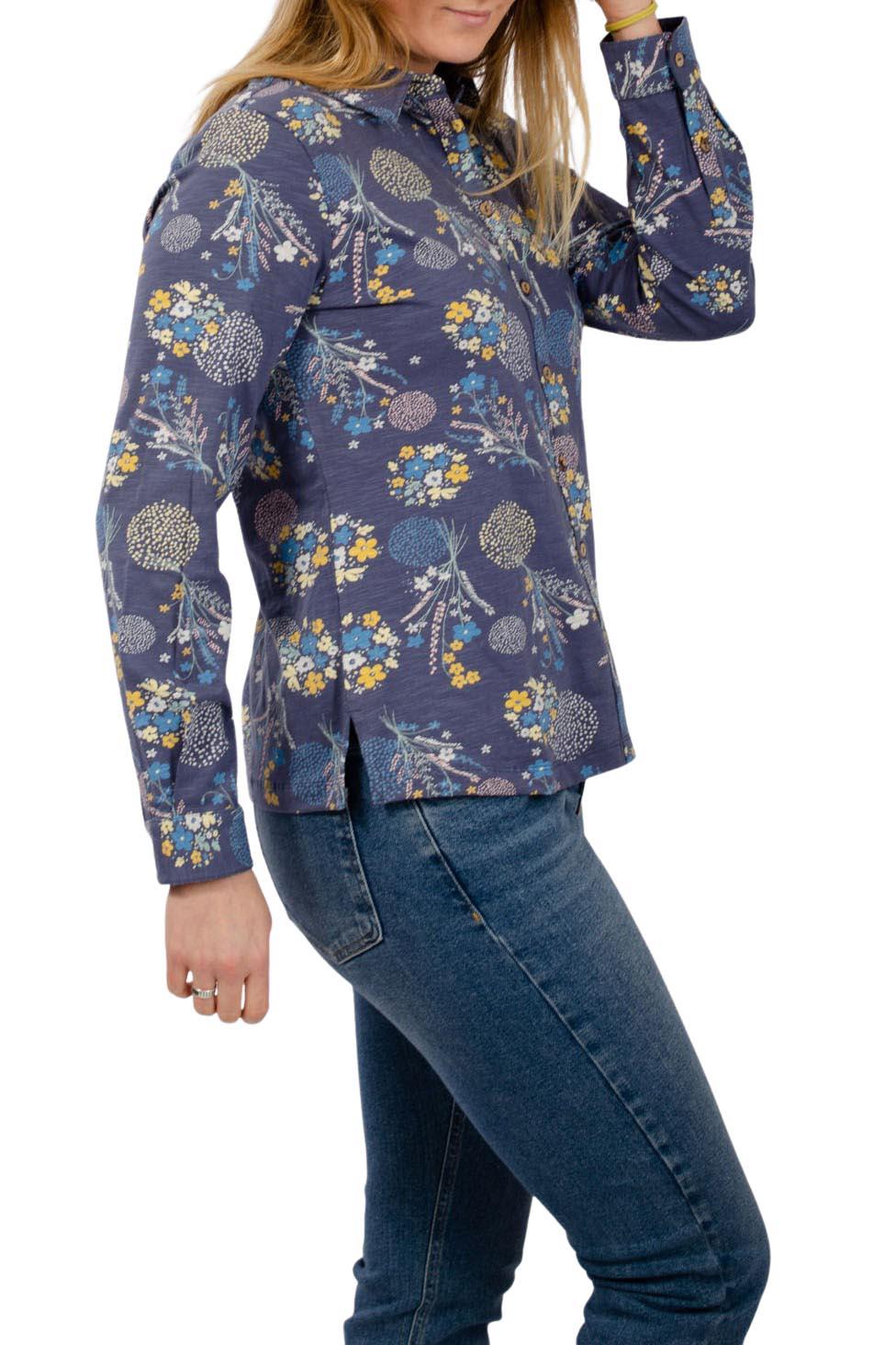 Mistral Womens Jersey Shirt Owl or Floral Print Button Front Long