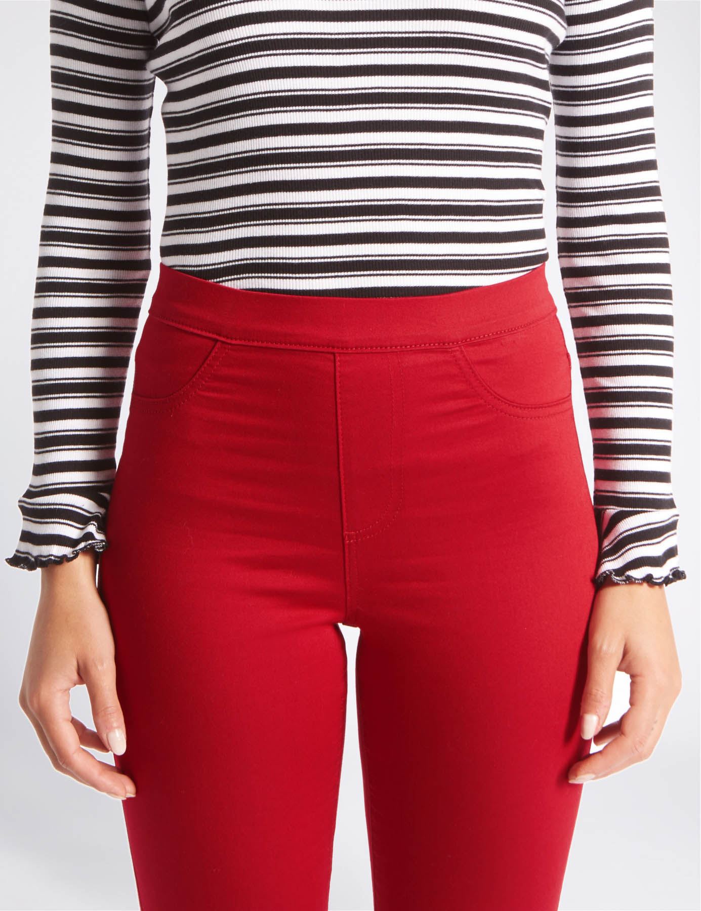 Women High Waist Red Jeans Ladies Skinny Stretch Jeggings Size 8 10 12 14 16
