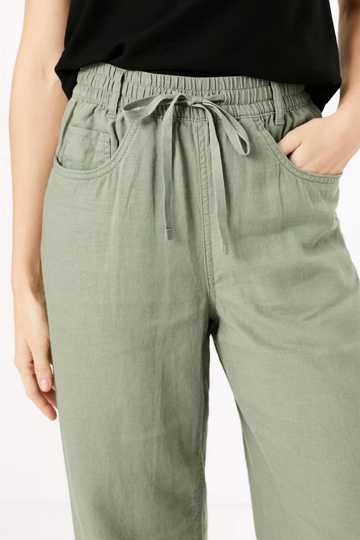 MARKS & SPENCER Wide Leg Linen Blend Trousers Elastic Tie Waist Short