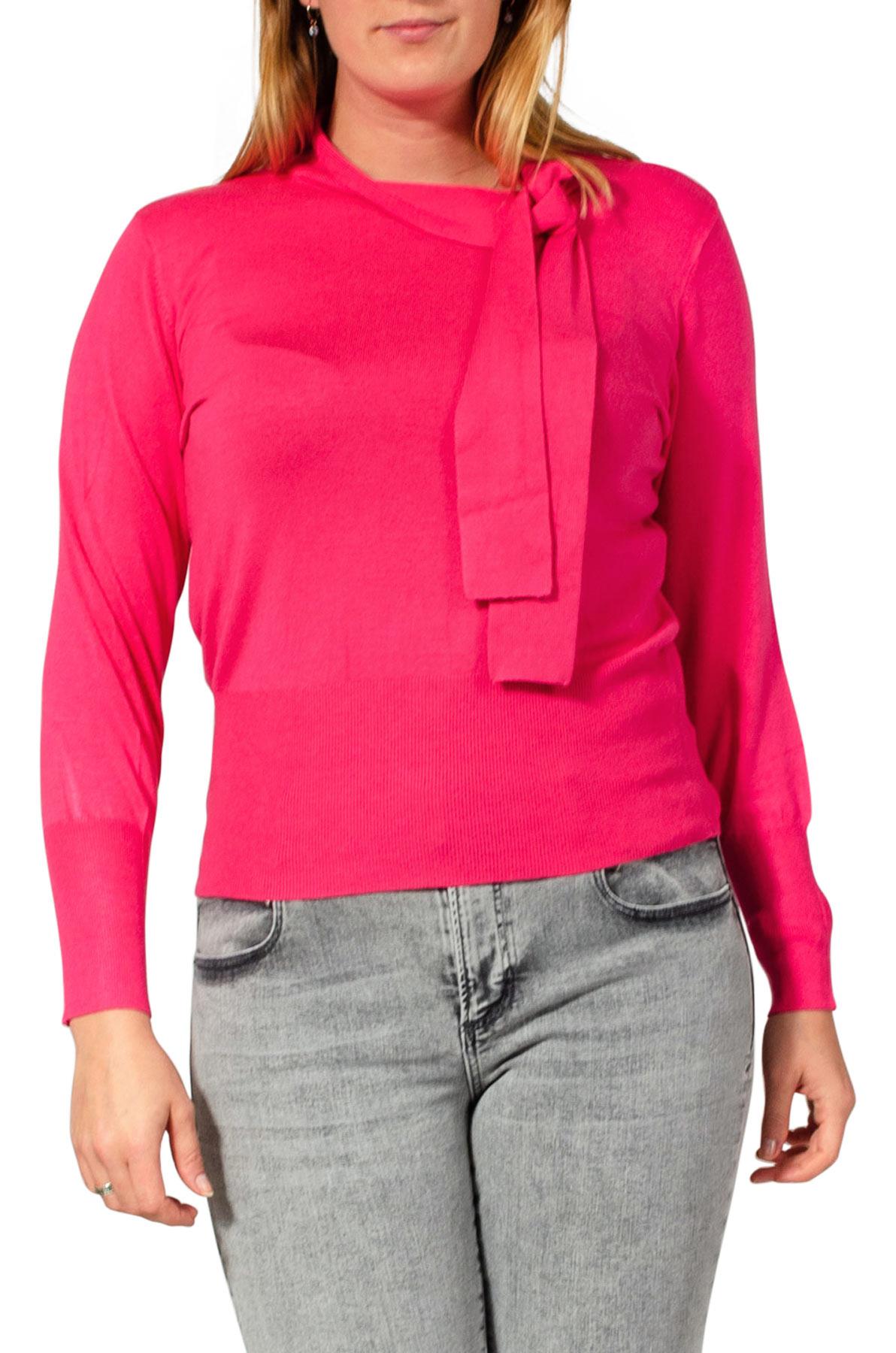 Womens Tie Neck Jumper Puff Sleeves Deep Ribbed Cuffs & Hem Fine Knit