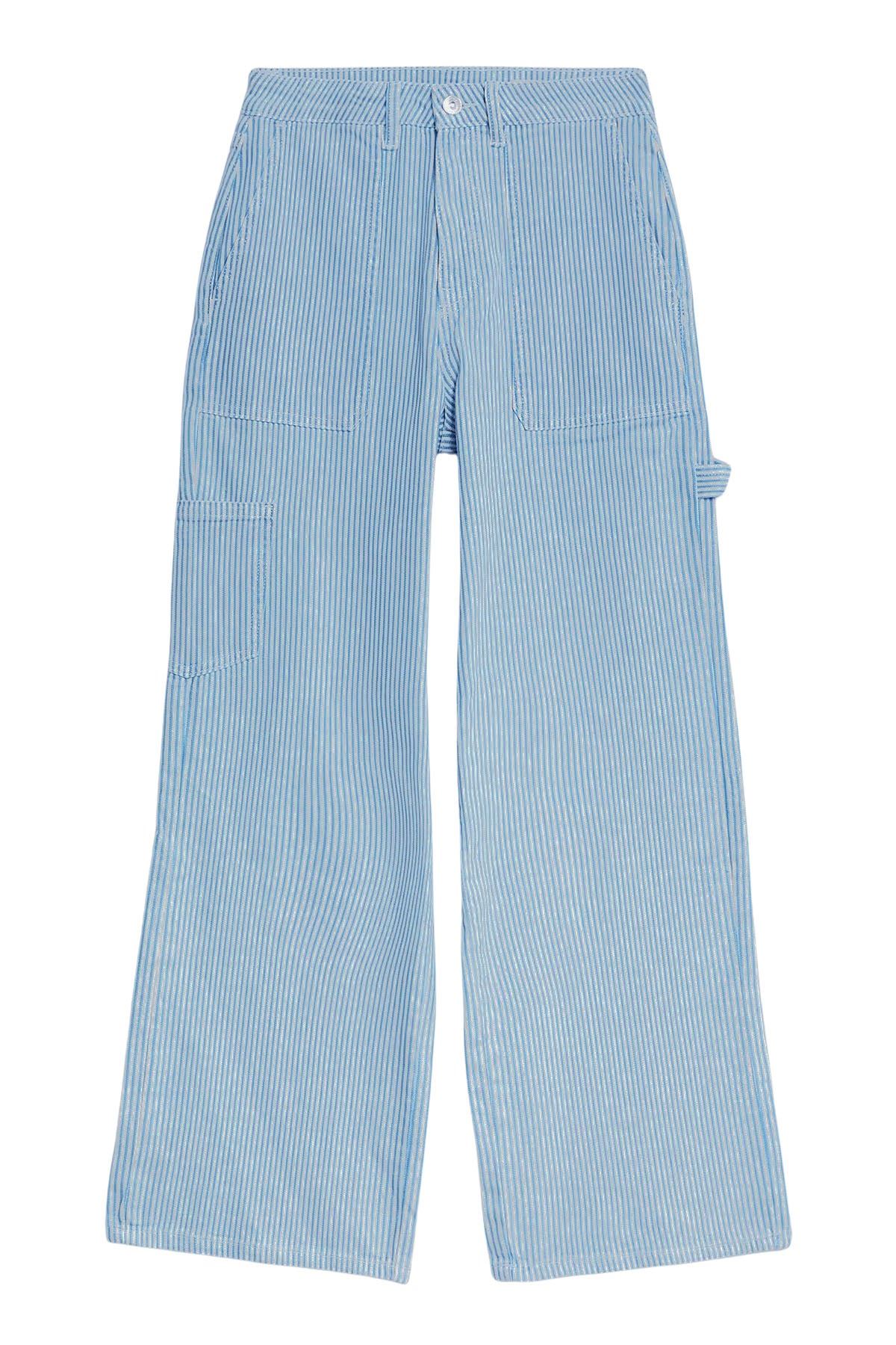 Ex M&S Blue Stripe Relaxed Carpenter Wide Leg Jeans - Picture 6 of 7