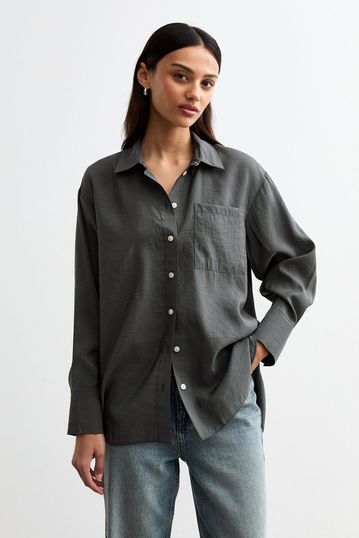 New Look Relaxed Cupro Long Sleeve Pocket Shirt - Picture 6 of 18