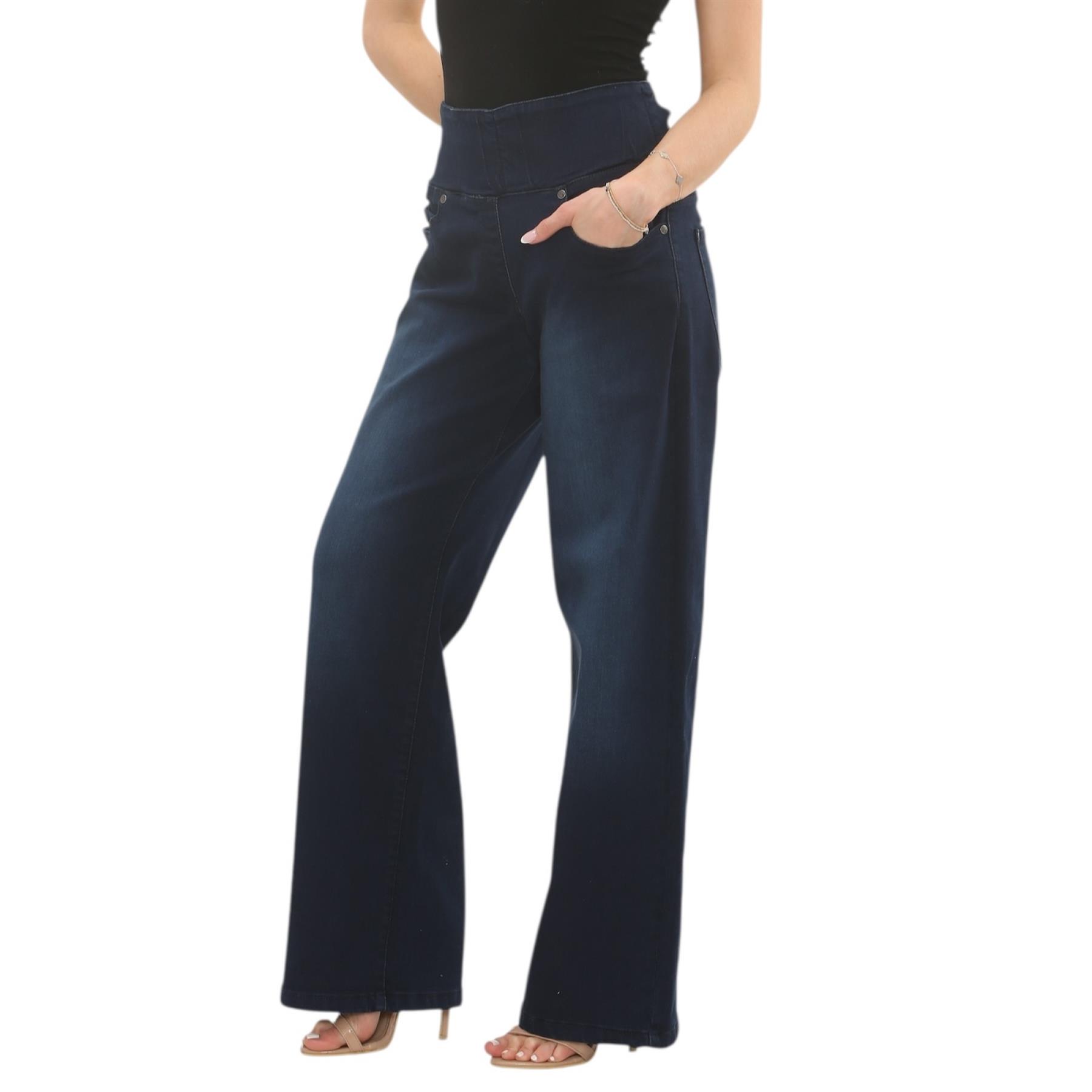 Womens Tummy Control Wide Leg Jeans Elasticated High Waist Stretchy Denim Pants - Picture 20 of 24