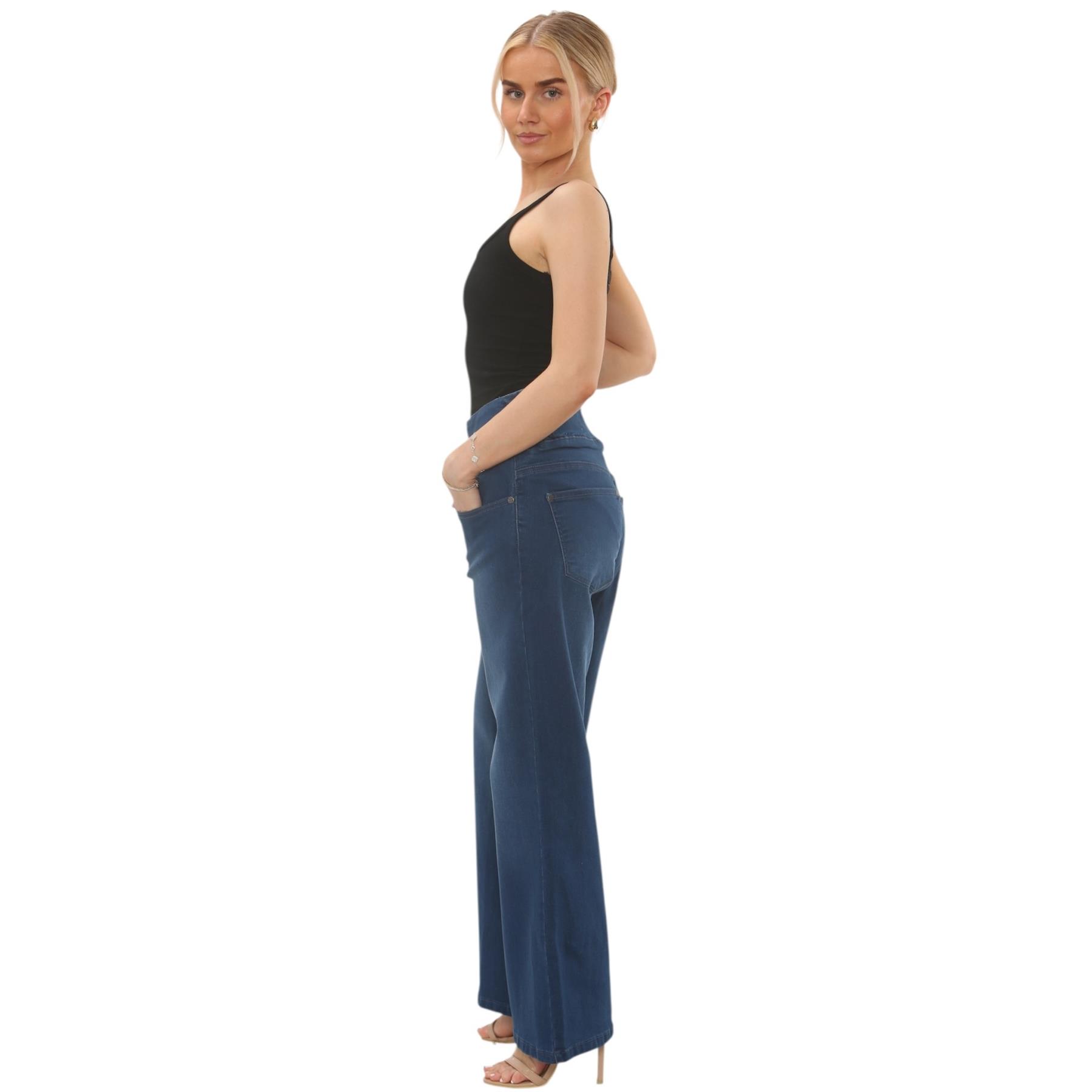 Womens Tummy Control Wide Leg Jeans Elasticated High Waist Stretchy Denim Pants - Picture 17 of 24