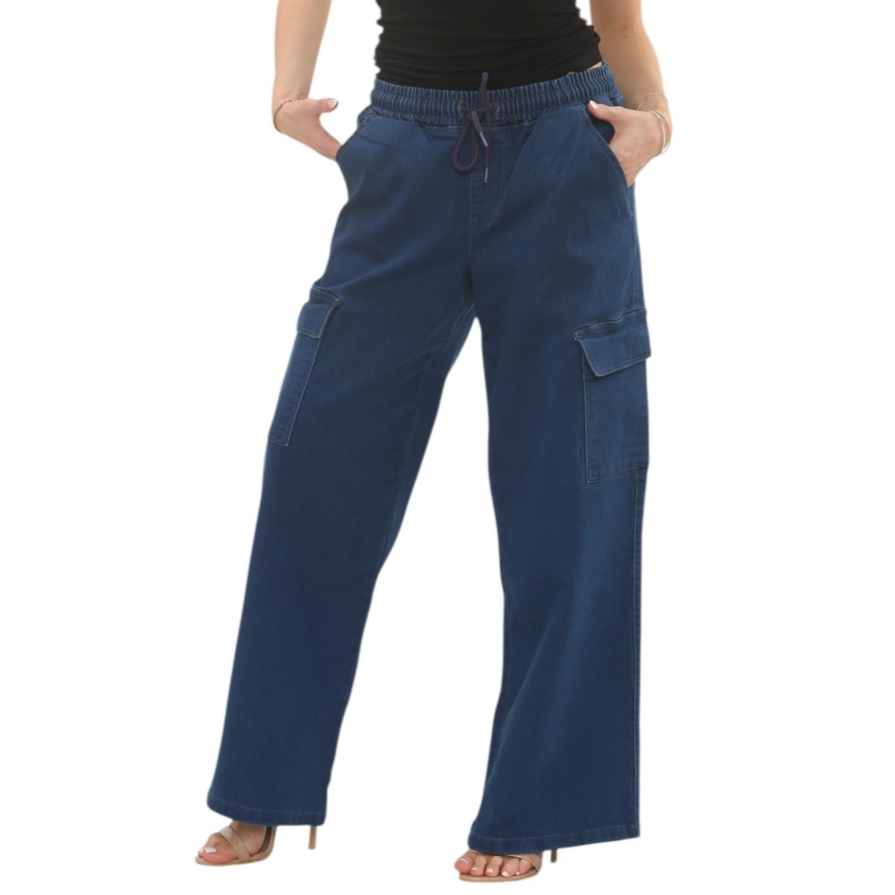 MYT Damen Wide Leg Cargo Pocket Jeans Elasticated High Waist Damen Denim Hose - Bild 14 von 30