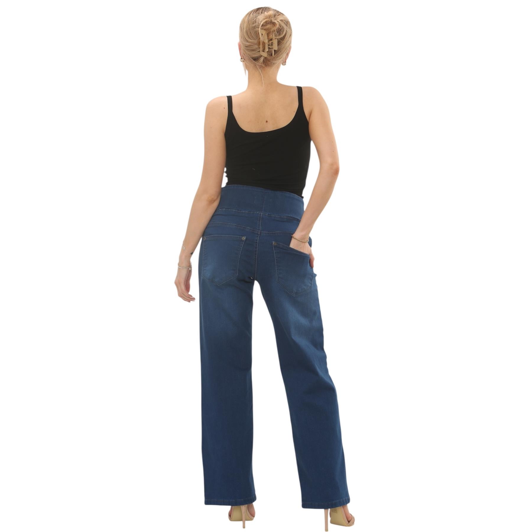 Womens Tummy Control Wide Leg Jeans Elasticated High Waist Stretchy Denim Pants - Picture 18 of 24