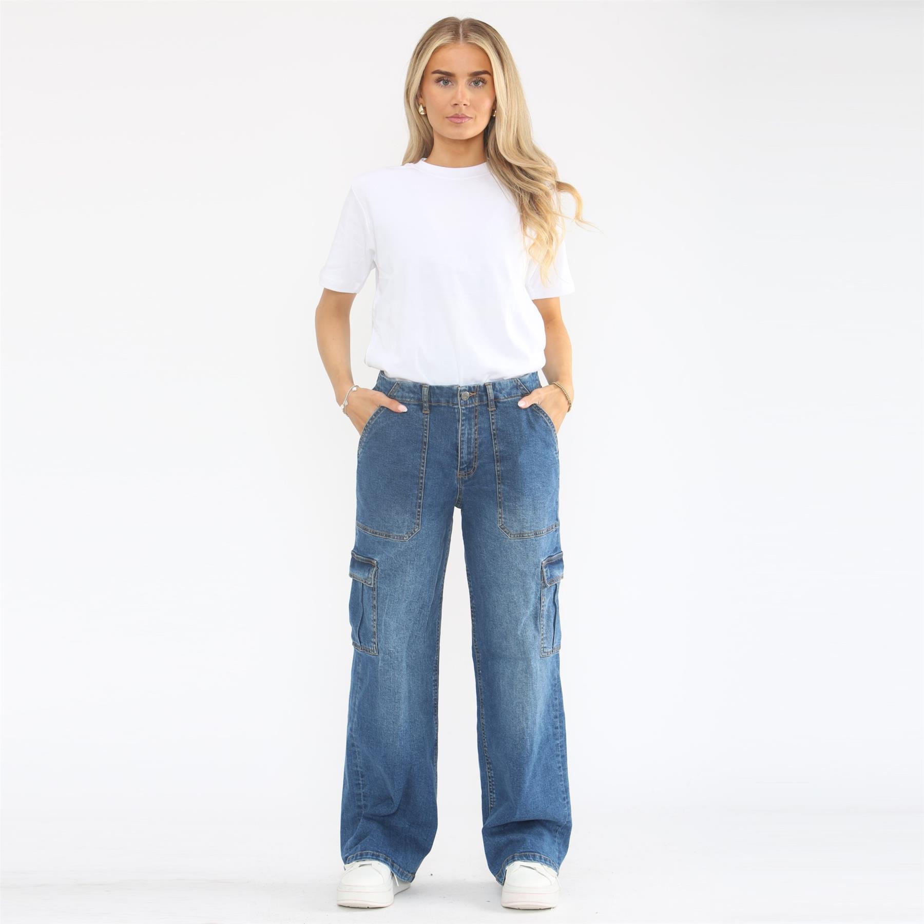 Womens Cargo Pocket Jeans Ladies Wide Leg Baggy High Waisted Stretch Denim Pants