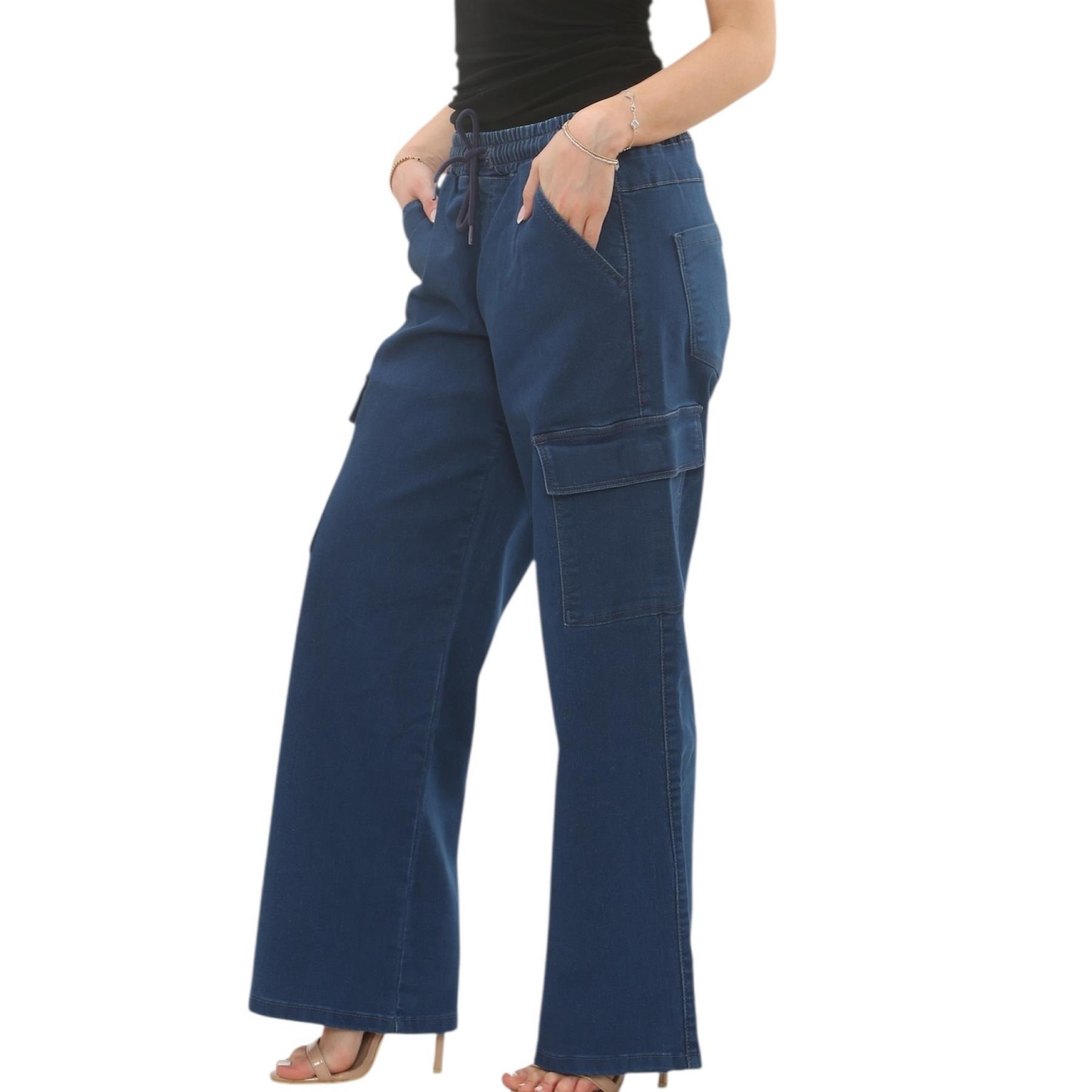 MYT Damen Wide Leg Cargo Pocket Jeans Elasticated High Waist Damen Denim Hose - Bild 15 von 30