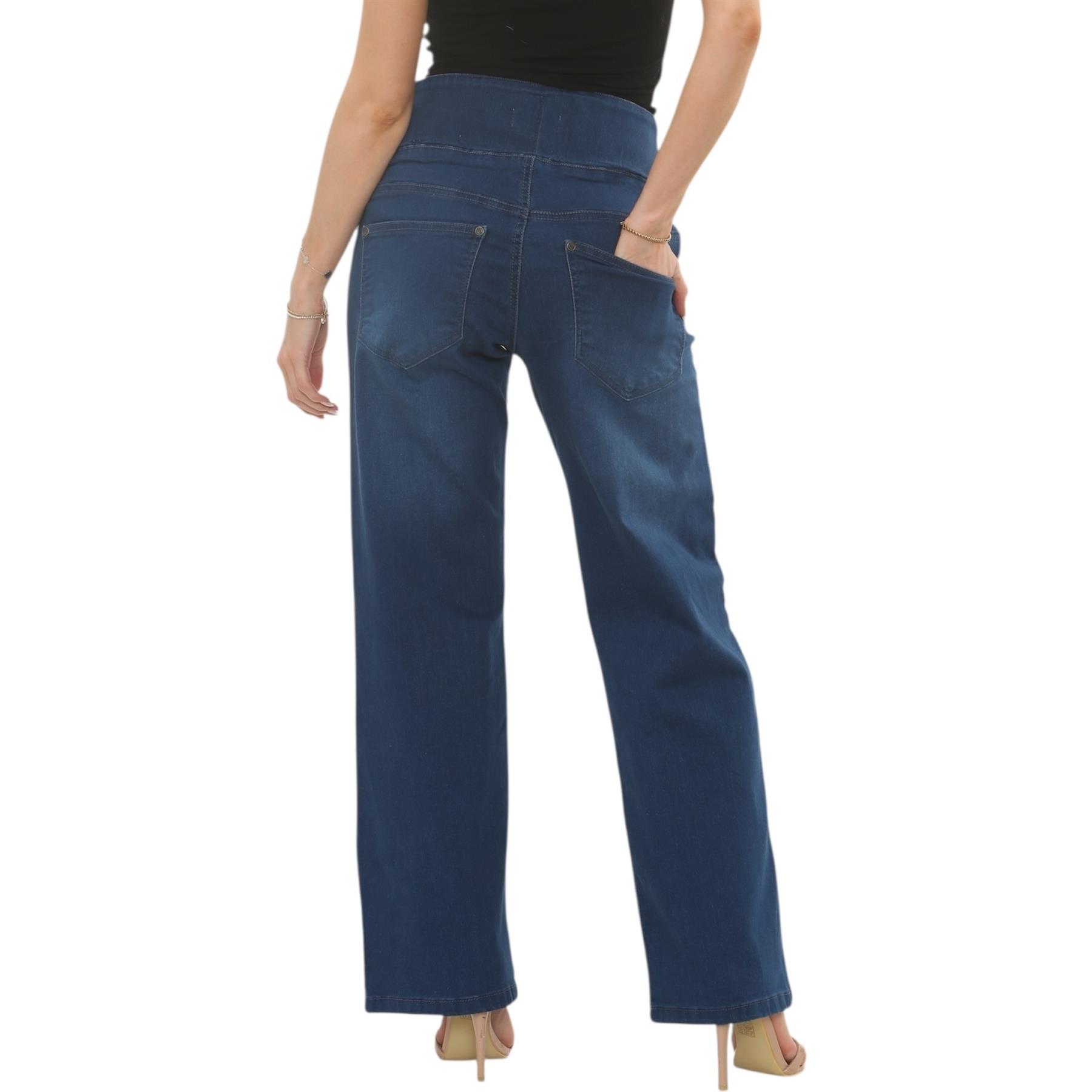 Womens Tummy Control Wide Leg Jeans Elasticated High Waist Stretchy Denim Pants - Picture 13 of 24