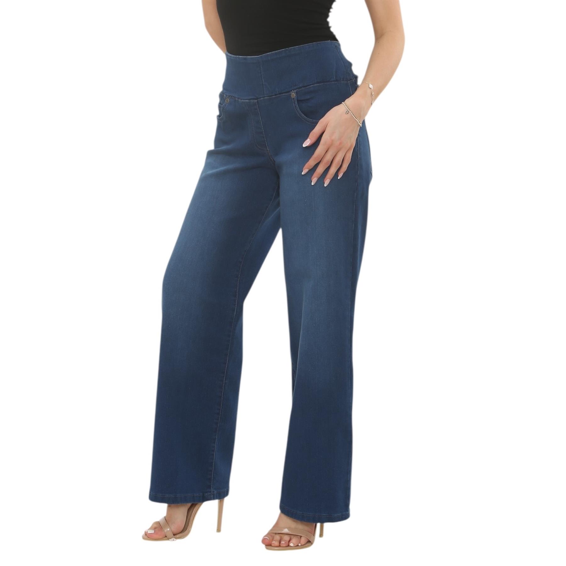 Womens Tummy Control Wide Leg Jeans Elasticated High Waist Stretchy Denim Pants - Picture 11 of 24