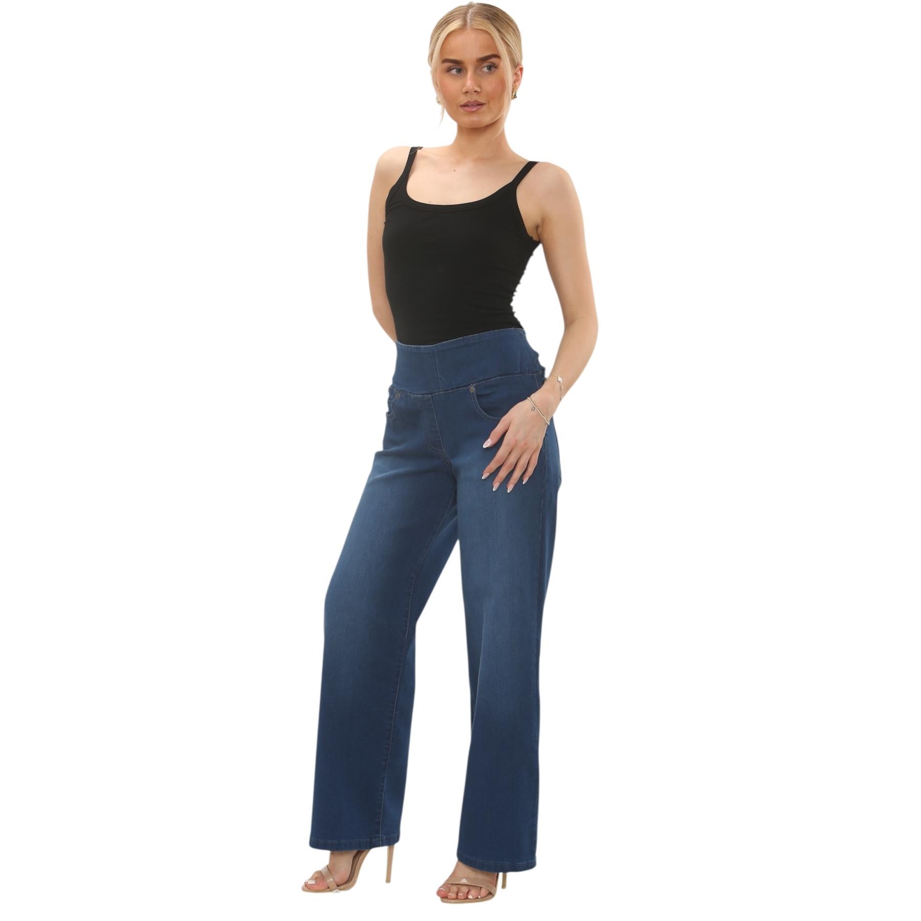 Womens Tummy Control Wide Leg Jeans Elasticated High Waist Stretchy Denim Pants - Picture 10 of 24