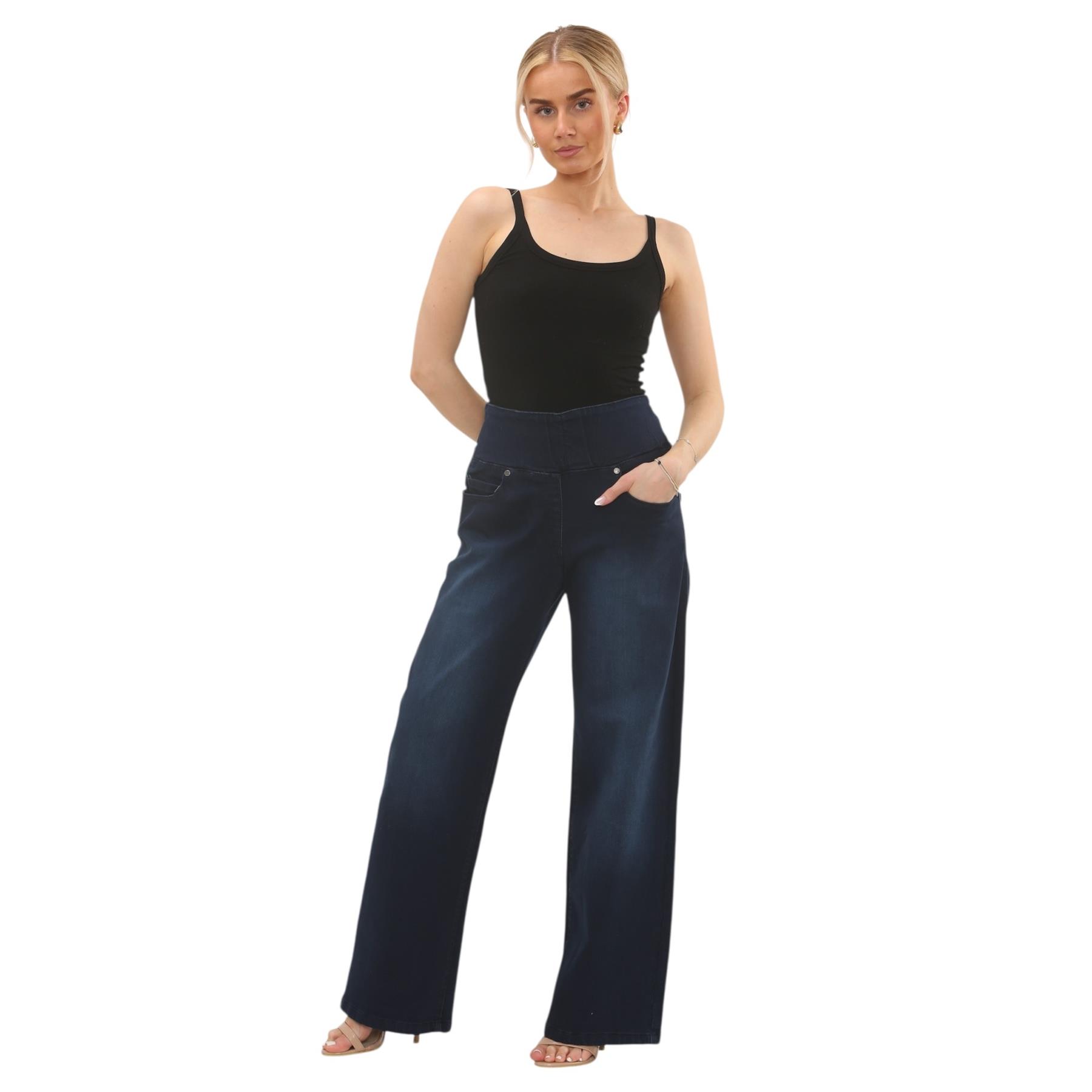 Womens Tummy Control Wide Leg Jeans Elasticated High Waist Stretchy Denim Pants - Picture 19 of 24