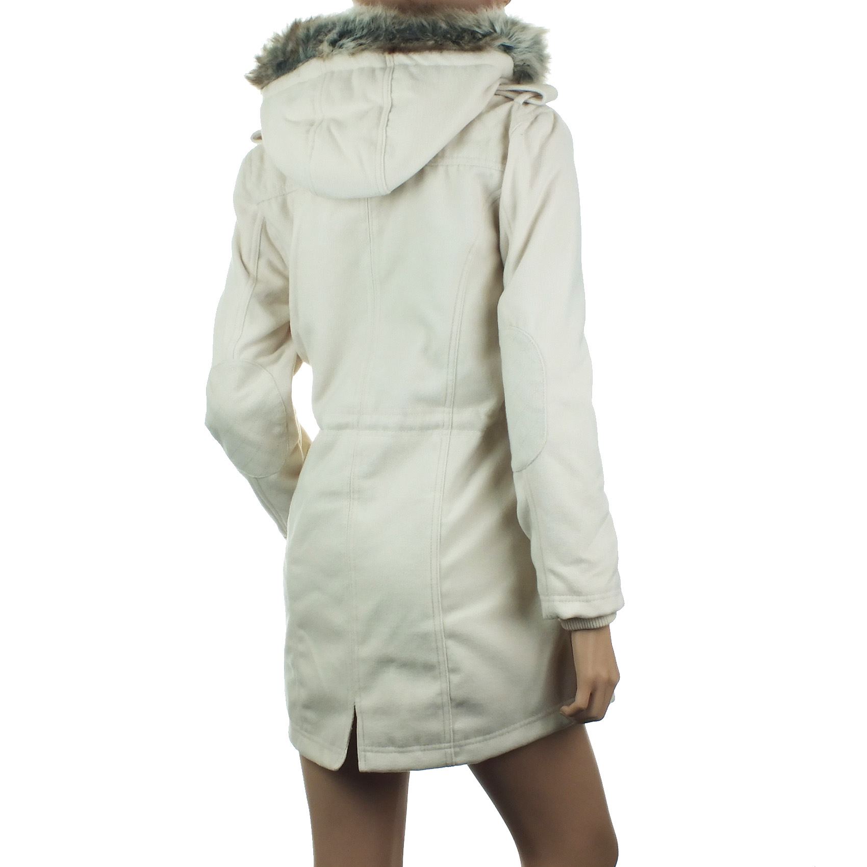 Ladies Parka Coat Womens Winter Jacket Faux Fur Hood Cream Black S M L