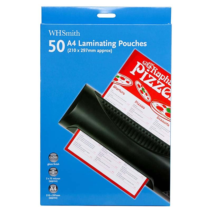 WHSmith A4 Glossy Laminating Pouches 150 Microns Size 210 x 297mm Pack