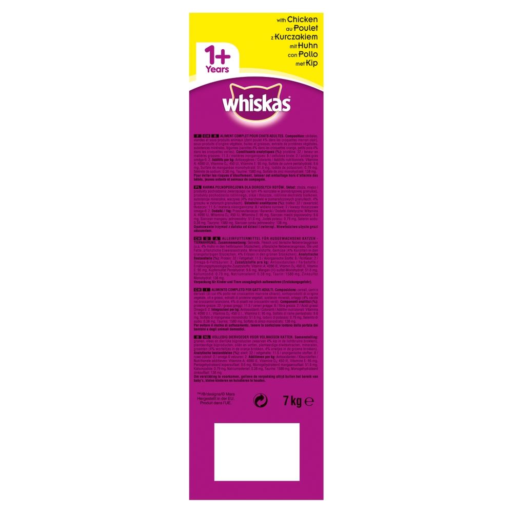 7kg Whiskas 1+ Adult Complete Dry Cat Food with Chicken Bulk Pack Cat