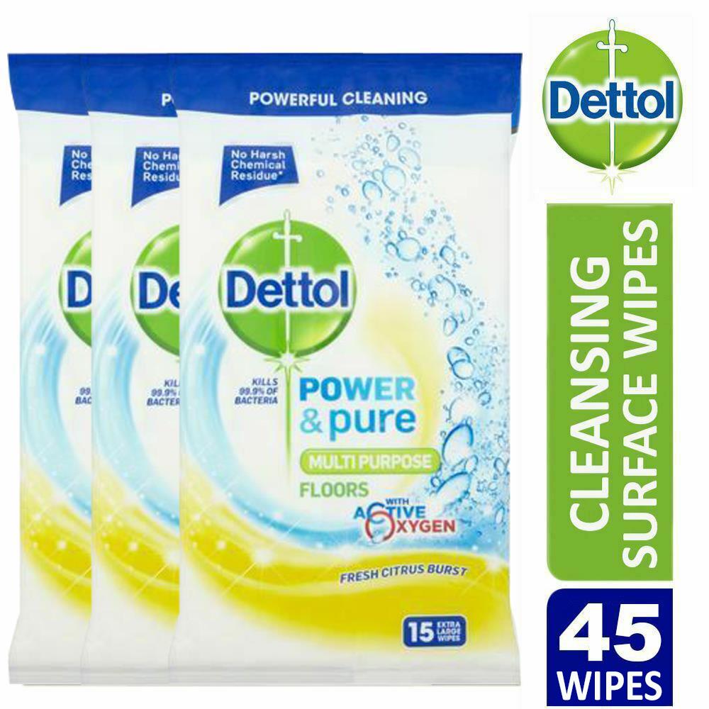 3 x Dettol Power & Pure Anti Bacterial Floor Cleaning Wipes Citrus 45