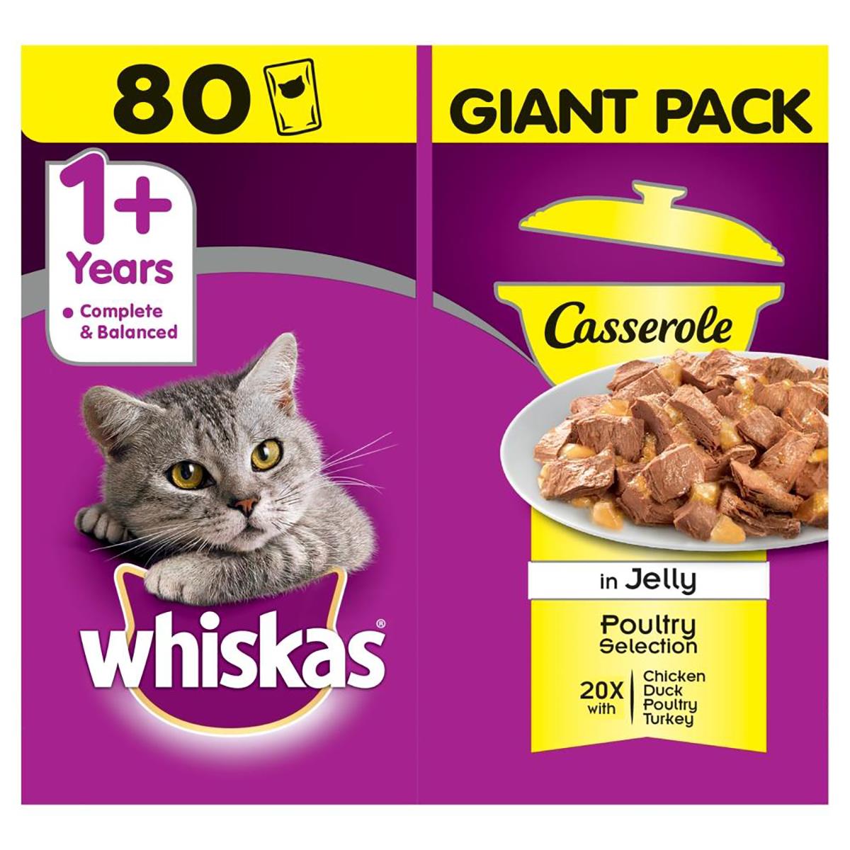 80 x 85g Whiskas Casserole 1+ Adult Wet Cat Food Pouches Poultry in