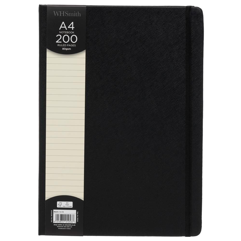 WHSmith Black Textured A4 Casebound Notebook Contains 200 Ivory Wide