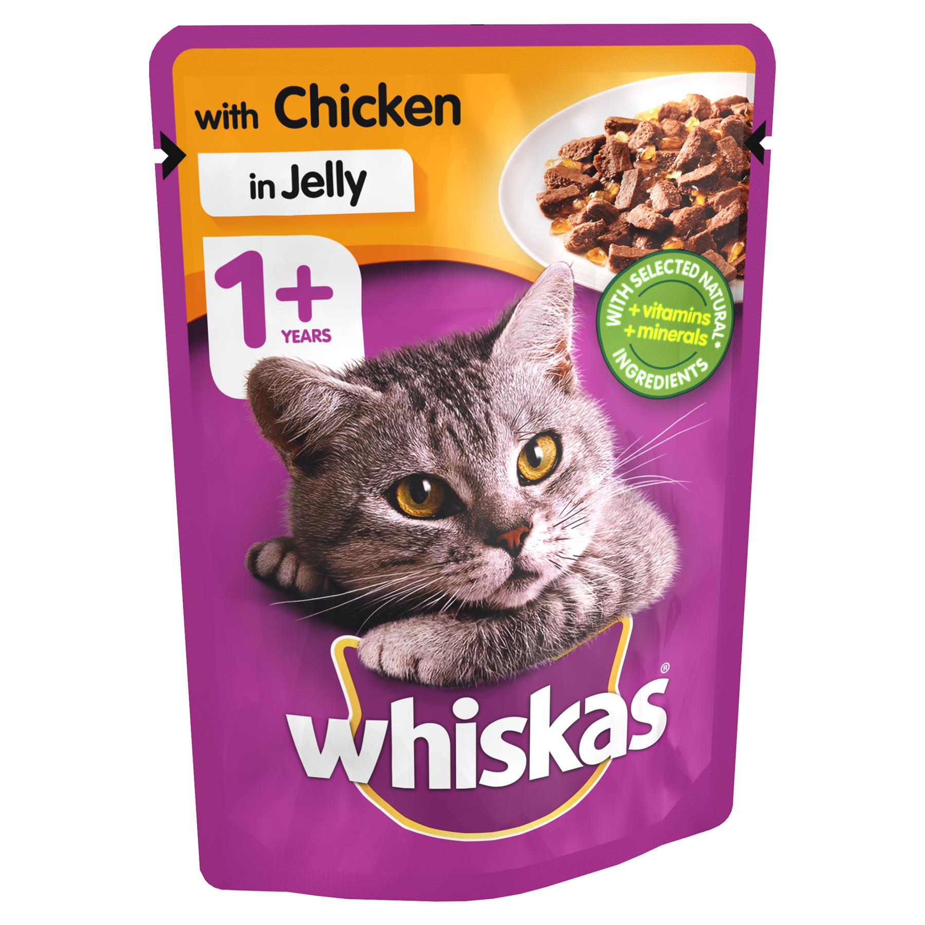 24 x 100g Whiskas 1+ Adult Cat Food Pouches with Chicken in Jelly