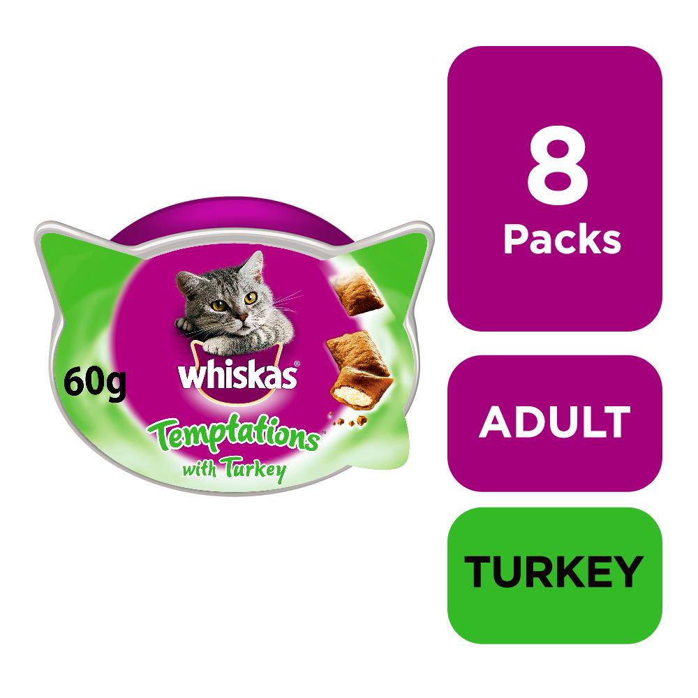 8 x 60g Whiskas Temptations Adult Cat Treats with Turkey Cat Biscuits