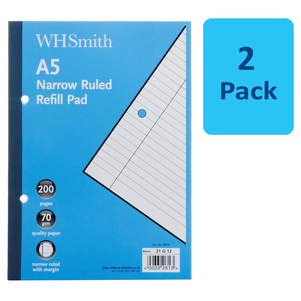 2 x WHSmith A5 Narrow Ruled Standard Refill Pad 70gsm Paper 100 Sheet