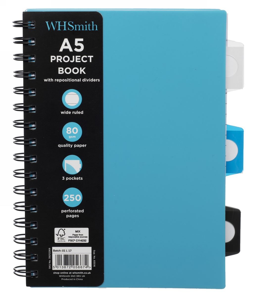 WHSmith Blue A5 Wide Ruled Project Notebook 250 White Pages Wiro Bound