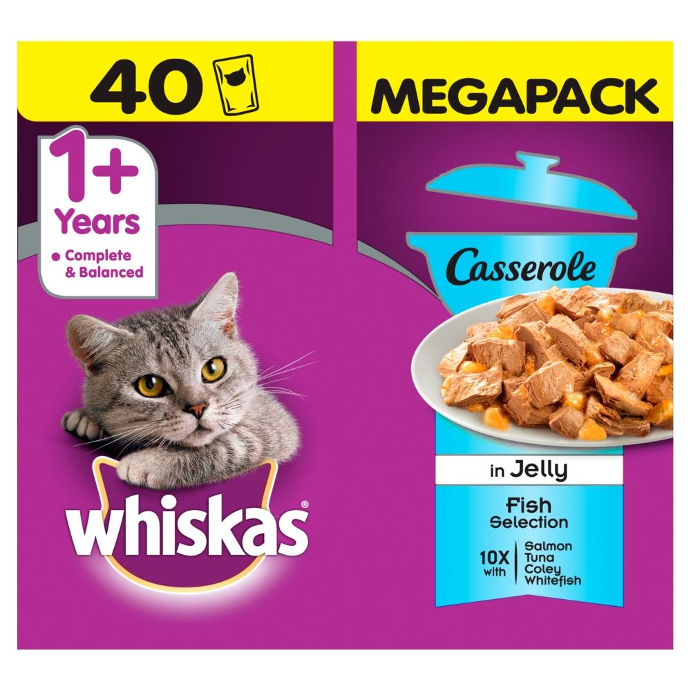 120 x 85g Whiskas 1+ Adult Wet Cat Food Pouches Casserole Fish in Jelly