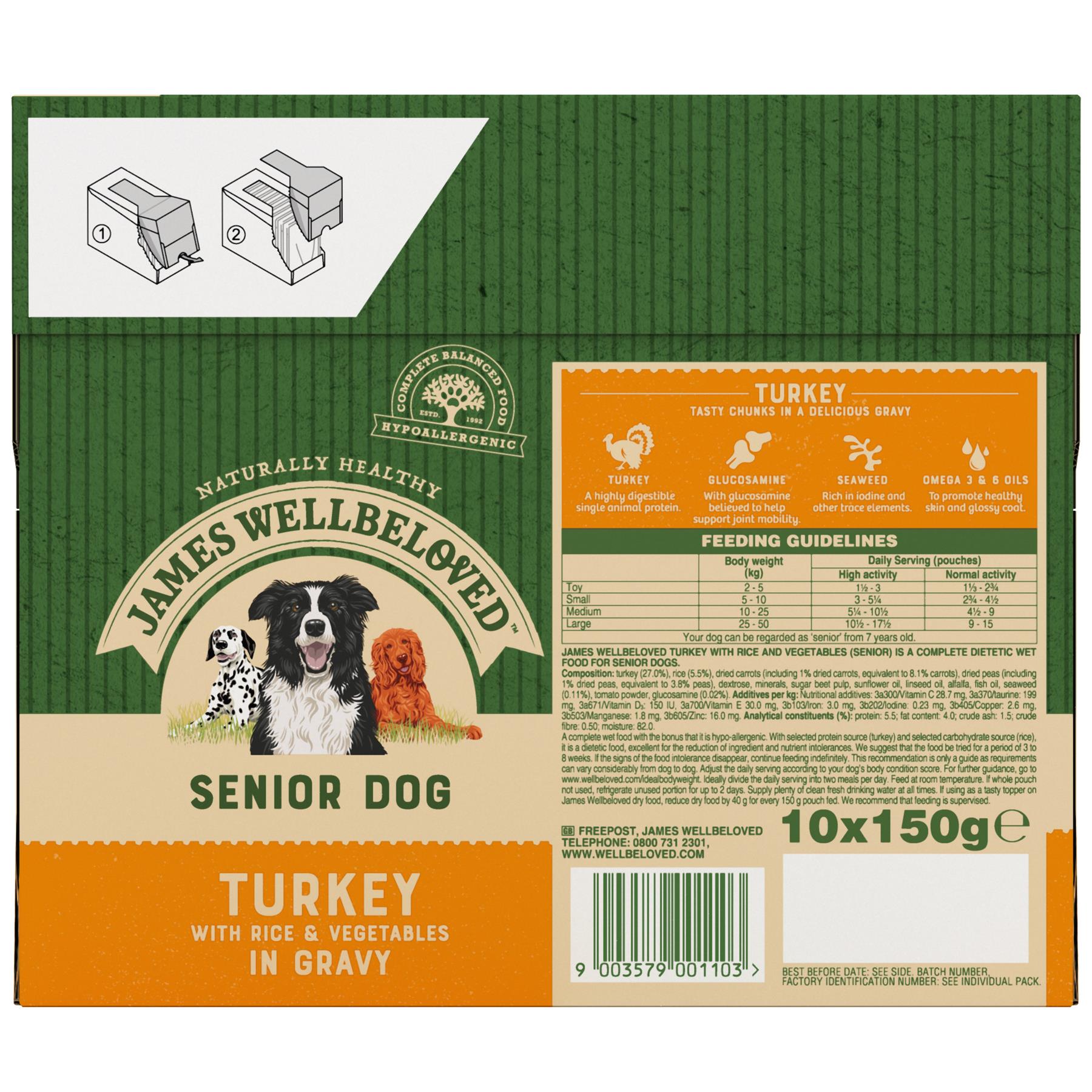 80 x 150g James Wellbeloved Senior Wet Dog Food Pouches Turkey & Rice