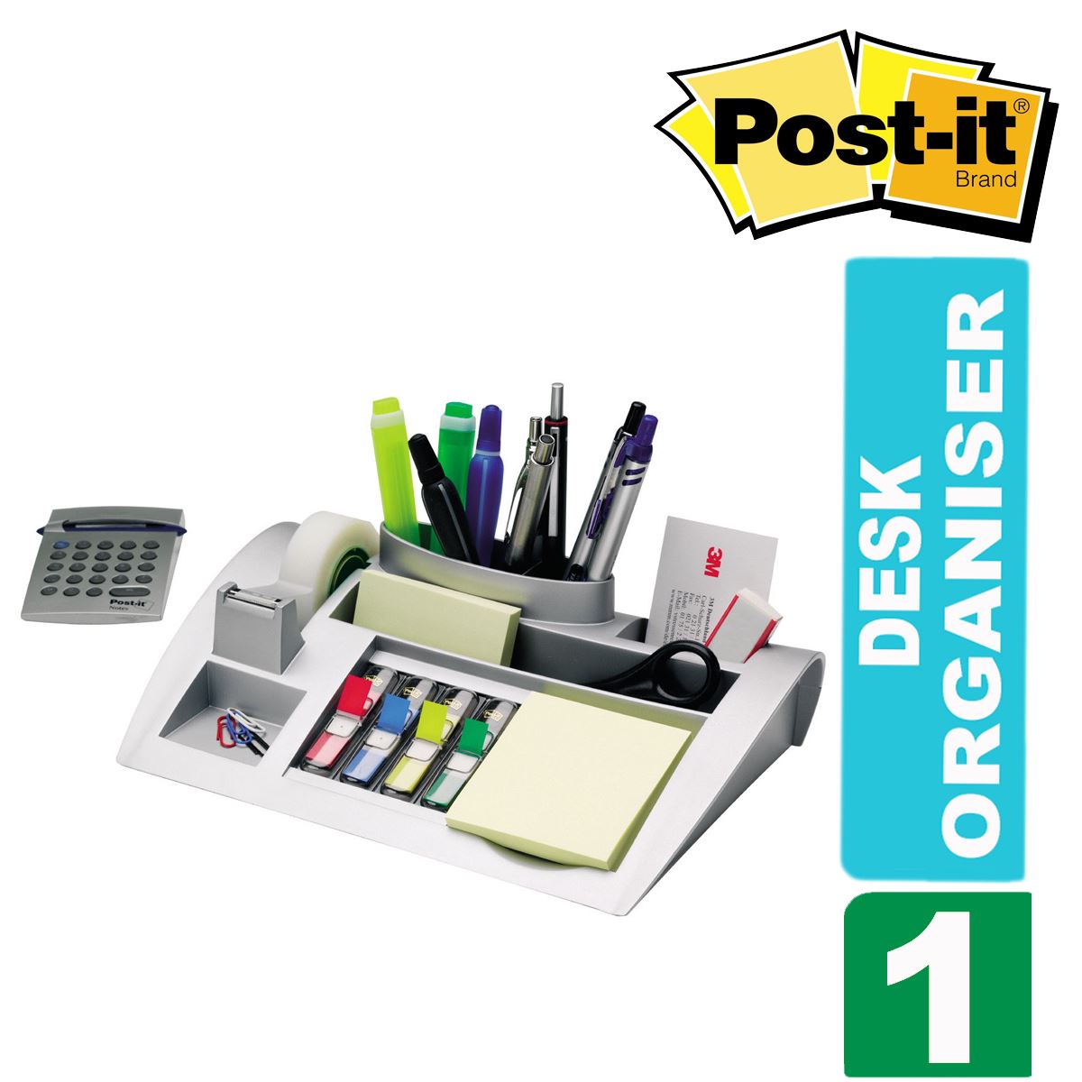 Post it C50 Silver Desk Organiser with Postit Notes, Index Tabs