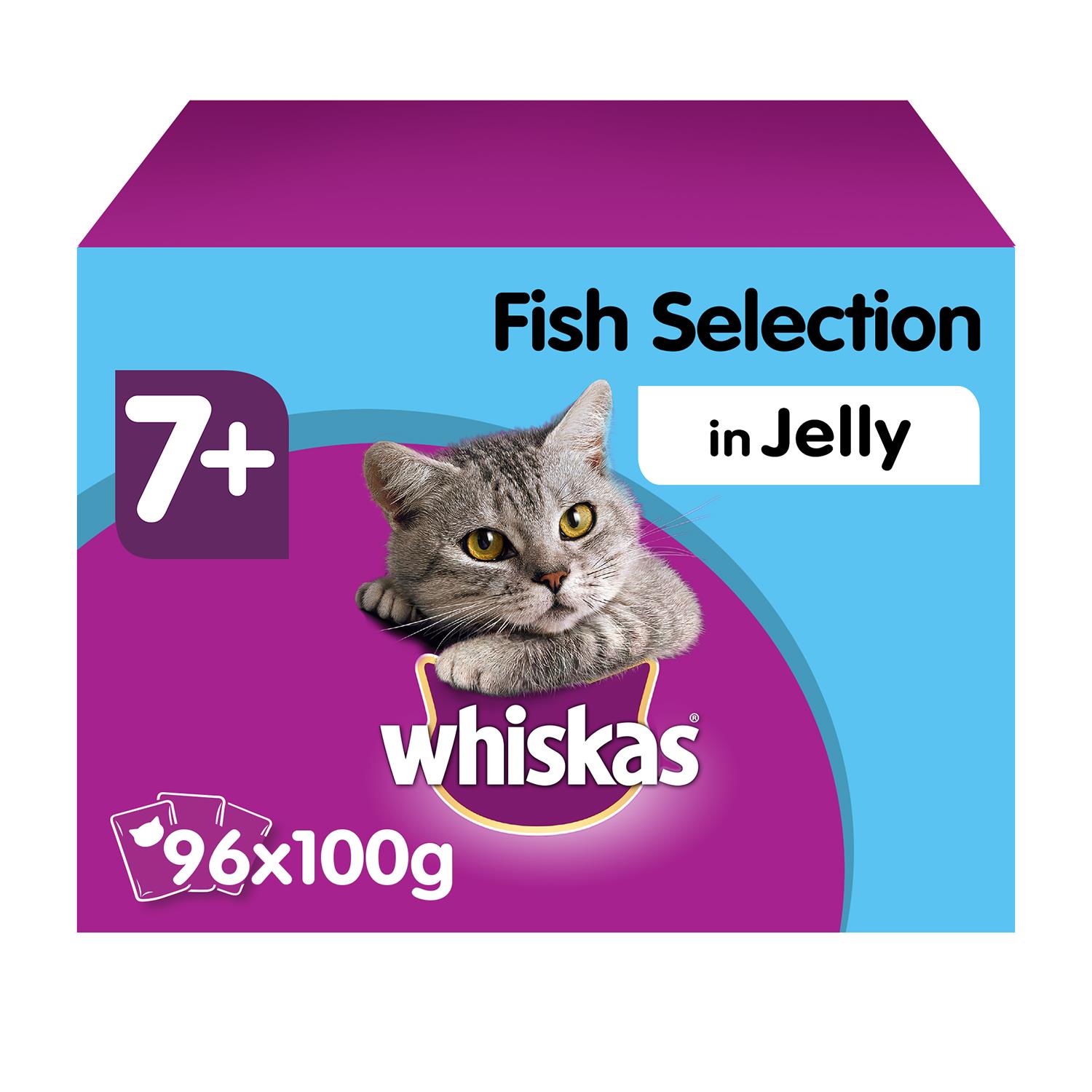 96 x 100g Whiskas 7+ Senior Wet Cat Food Pouches Mixed Fish in Jelly